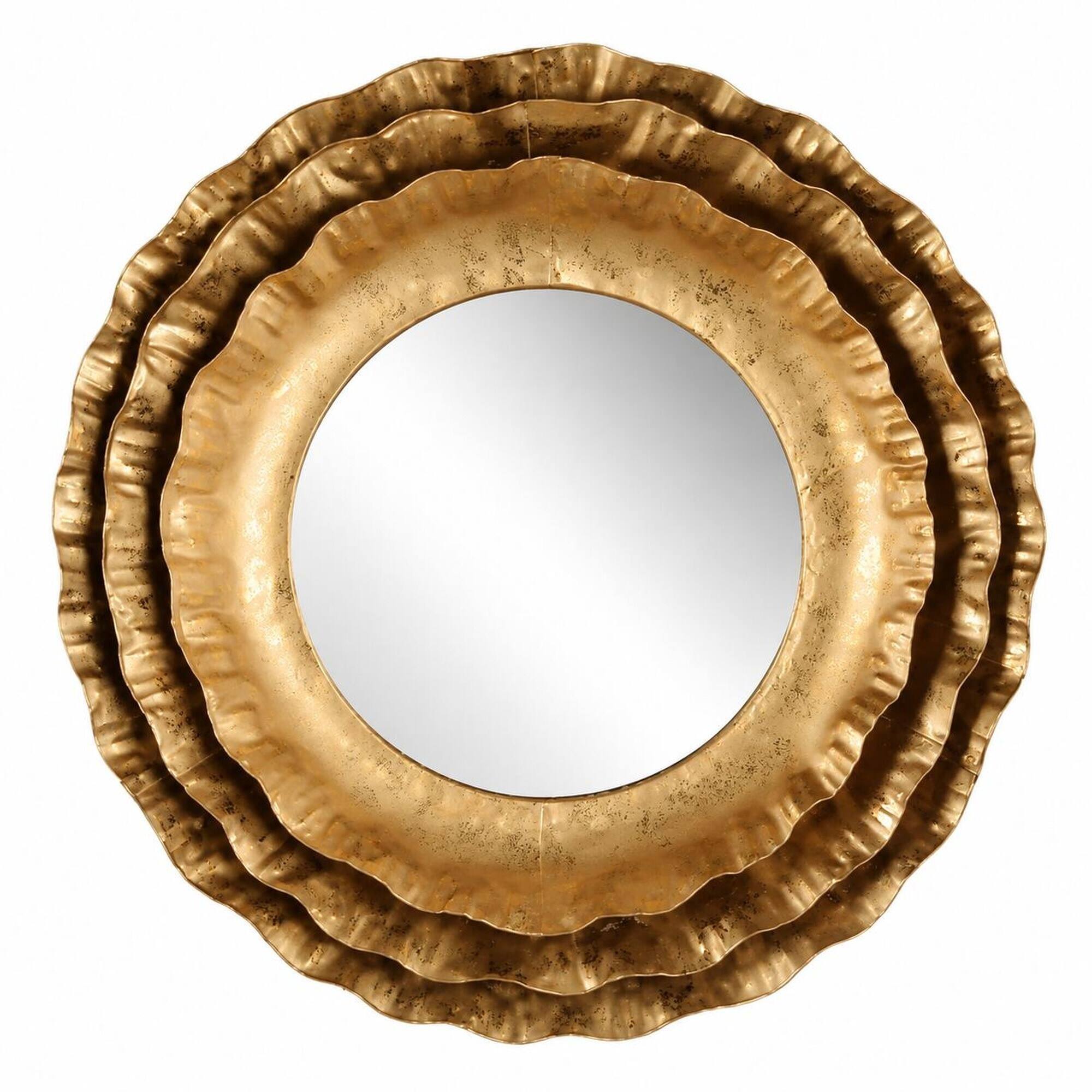 Front. RYHNUYNE - 16 in Round Wall Mirror, Gold Metal Frame, Layered Flower Design, Mid-Century Accent for Living Room - Gold.