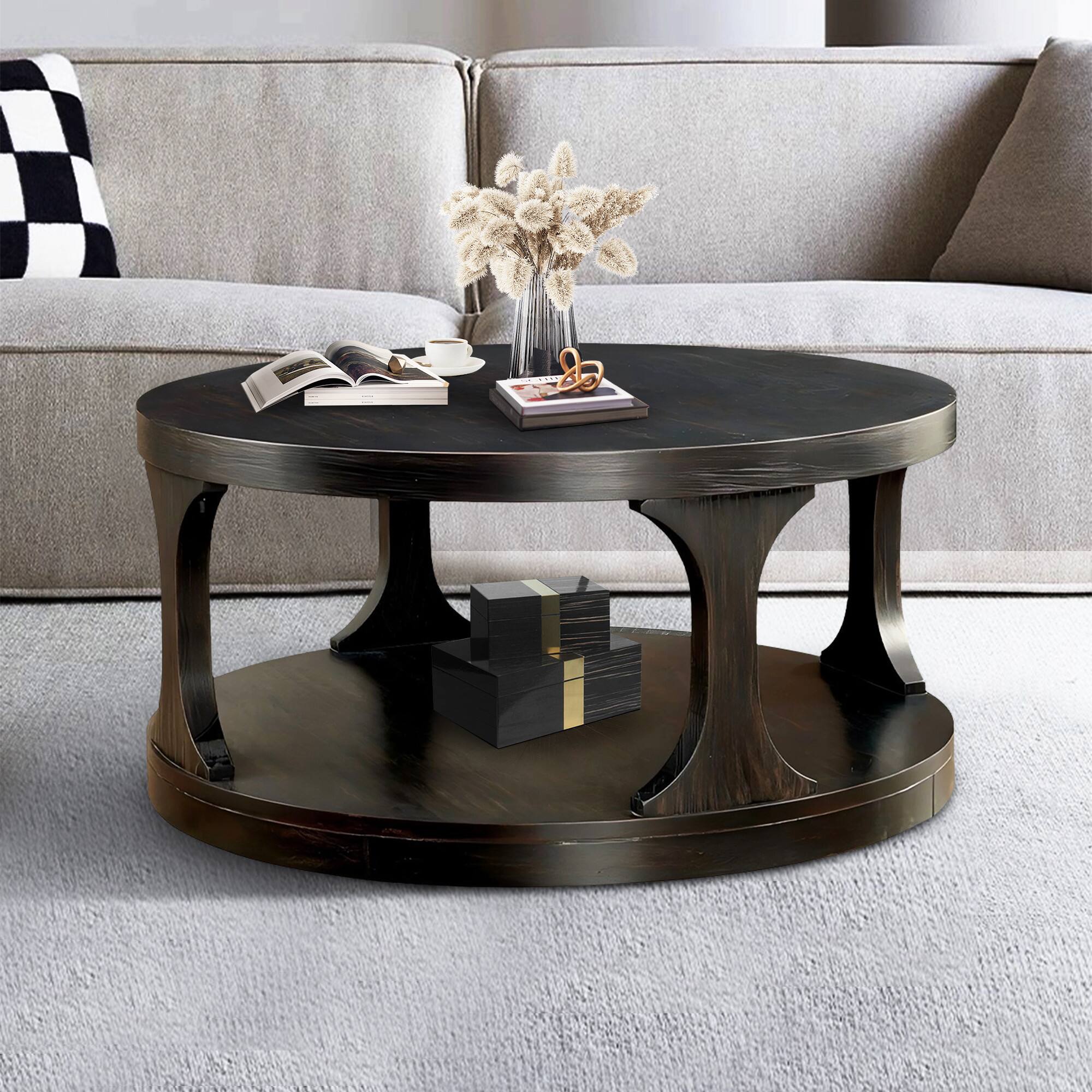 Angle. Vaczon - 36" Solid Wood Coffee Table Round with Storage Modern Wood Round Center Table for Living Room Home Office Small Space - Antique Black.