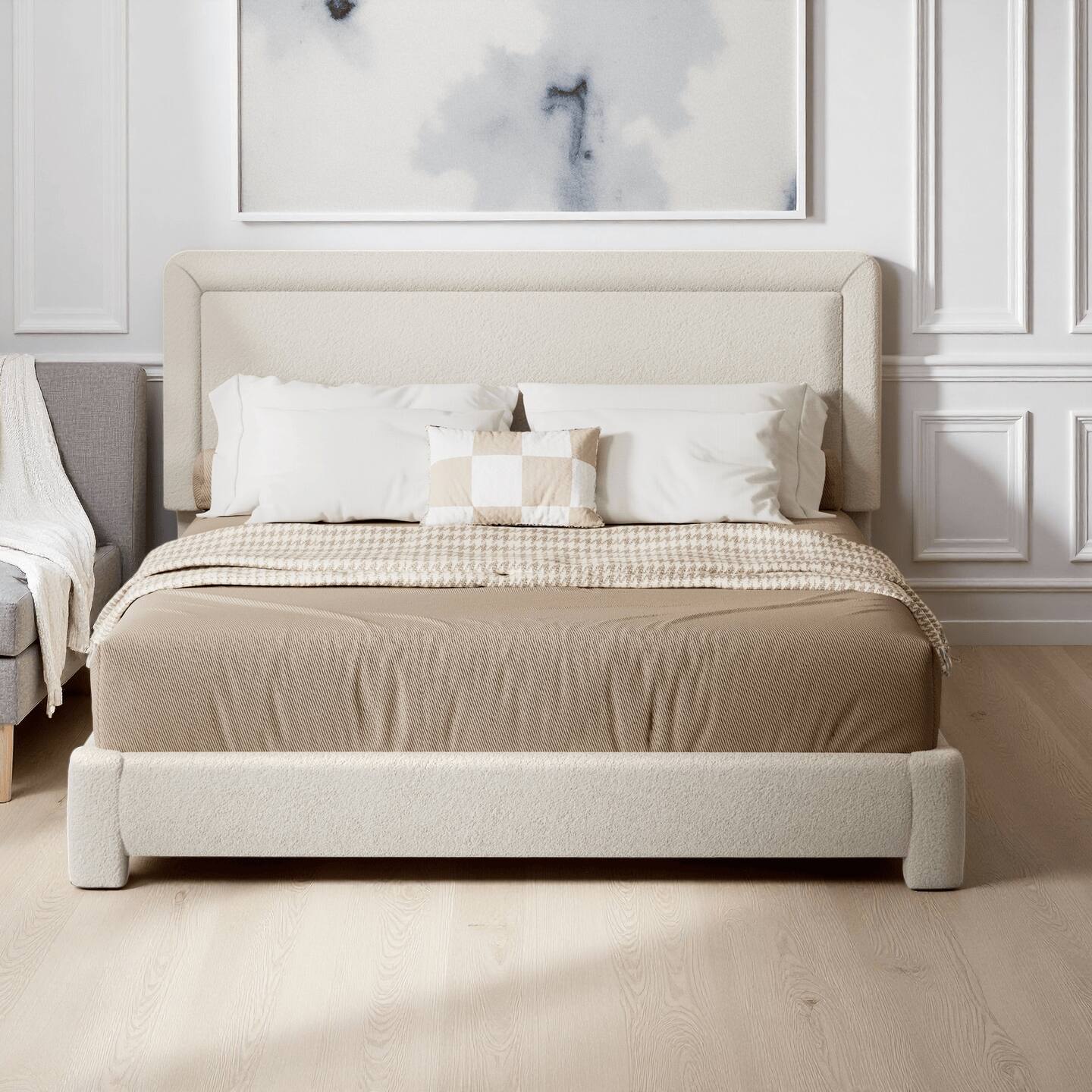 Back. Dyonery - Dyonery Queen-size bed frame, modern Cream bed frame with adjustable headboard, rounded soft corners,easy assembly. - Beige.