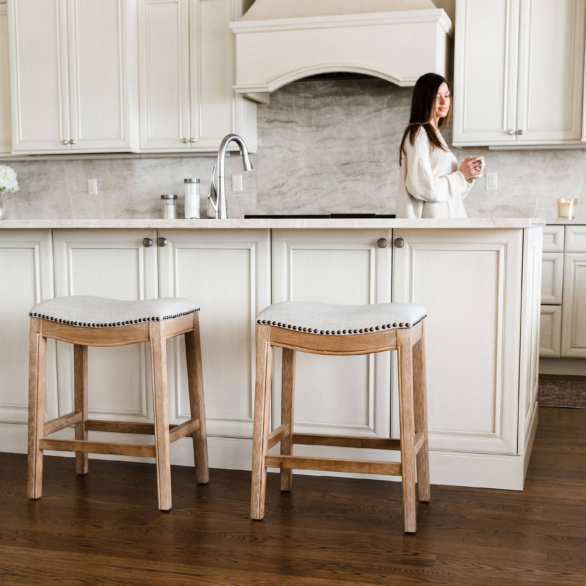Alt View 10. Maven Lane - Maven Lane Adrien Saddle Counter Stool in Weathered Oak Finish w/ Sand Color Fabric Upholstery, Set of 2 - Weathered Oak.