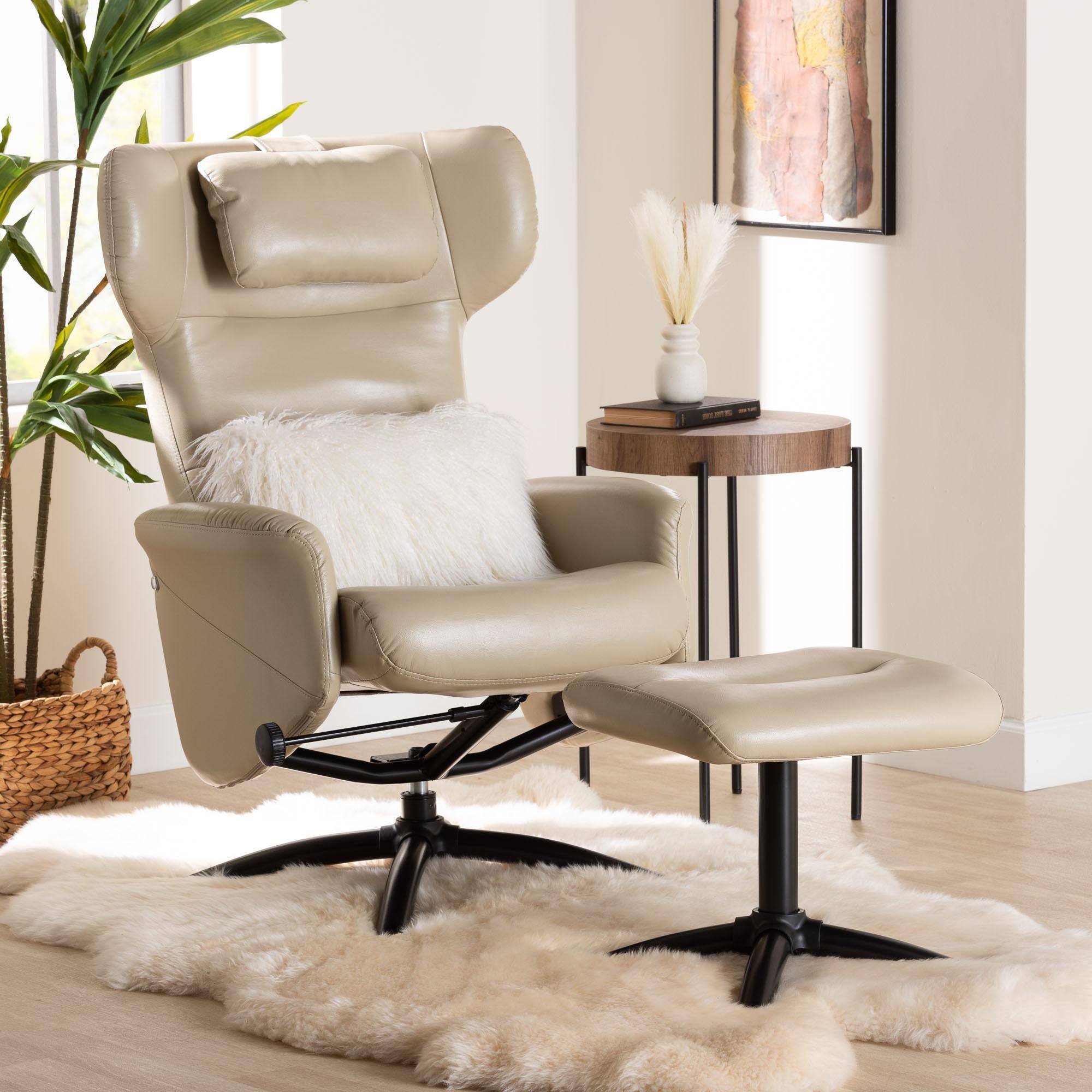Alt View 8. Baxton Studio - Elwood Modern Faux Leather 2-Piece Lounge Chair and Footrest Set - Beige/Black.
