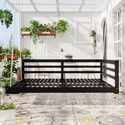 Front. APRILSOUL - TOPMAX Country Patio Wooden Daybed Porch Swing Frame with for Backyard Garden Black - Black.