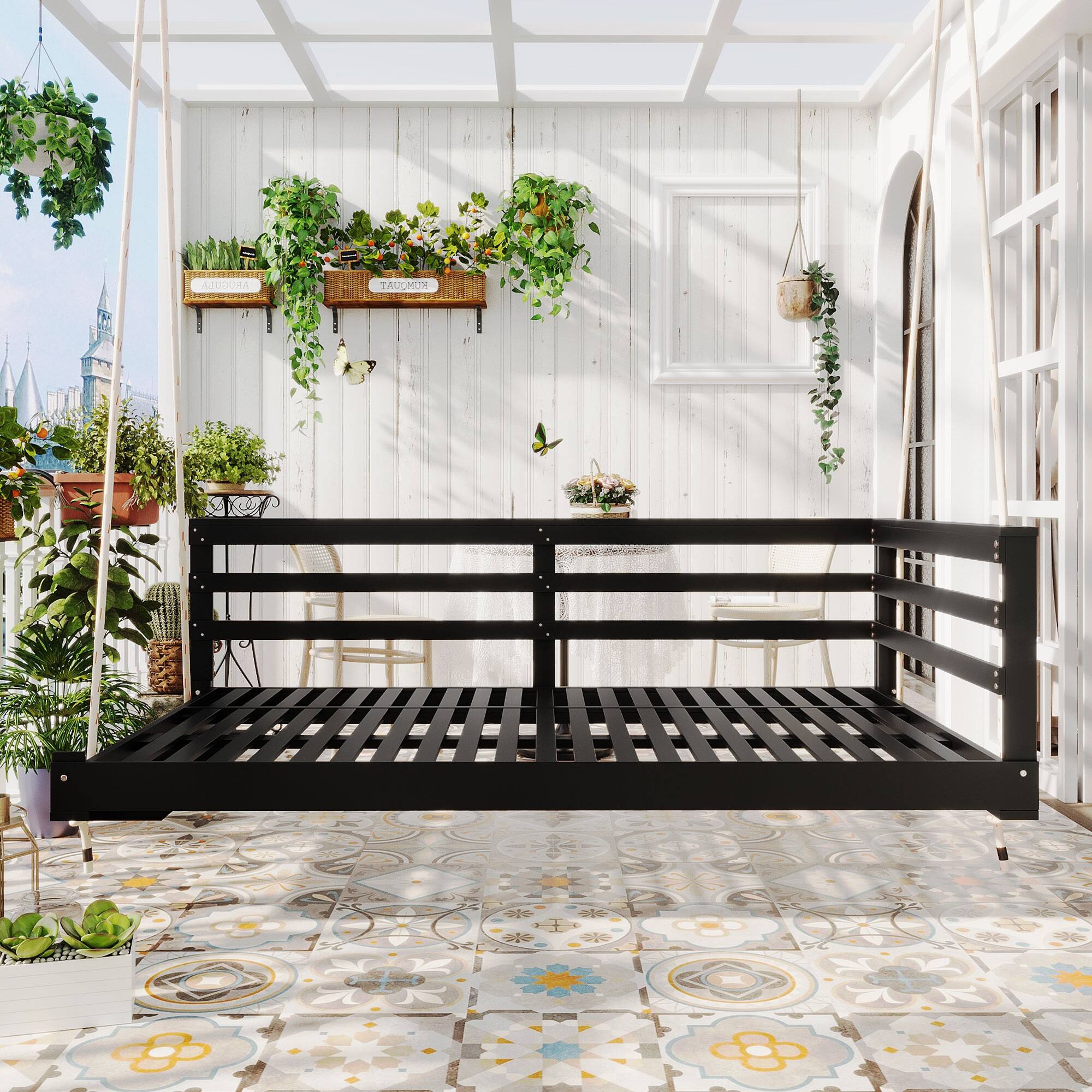 Front. APRILSOUL - TOPMAX Country Patio Wooden Daybed Porch Swing Frame with for Backyard Garden Black - Black.