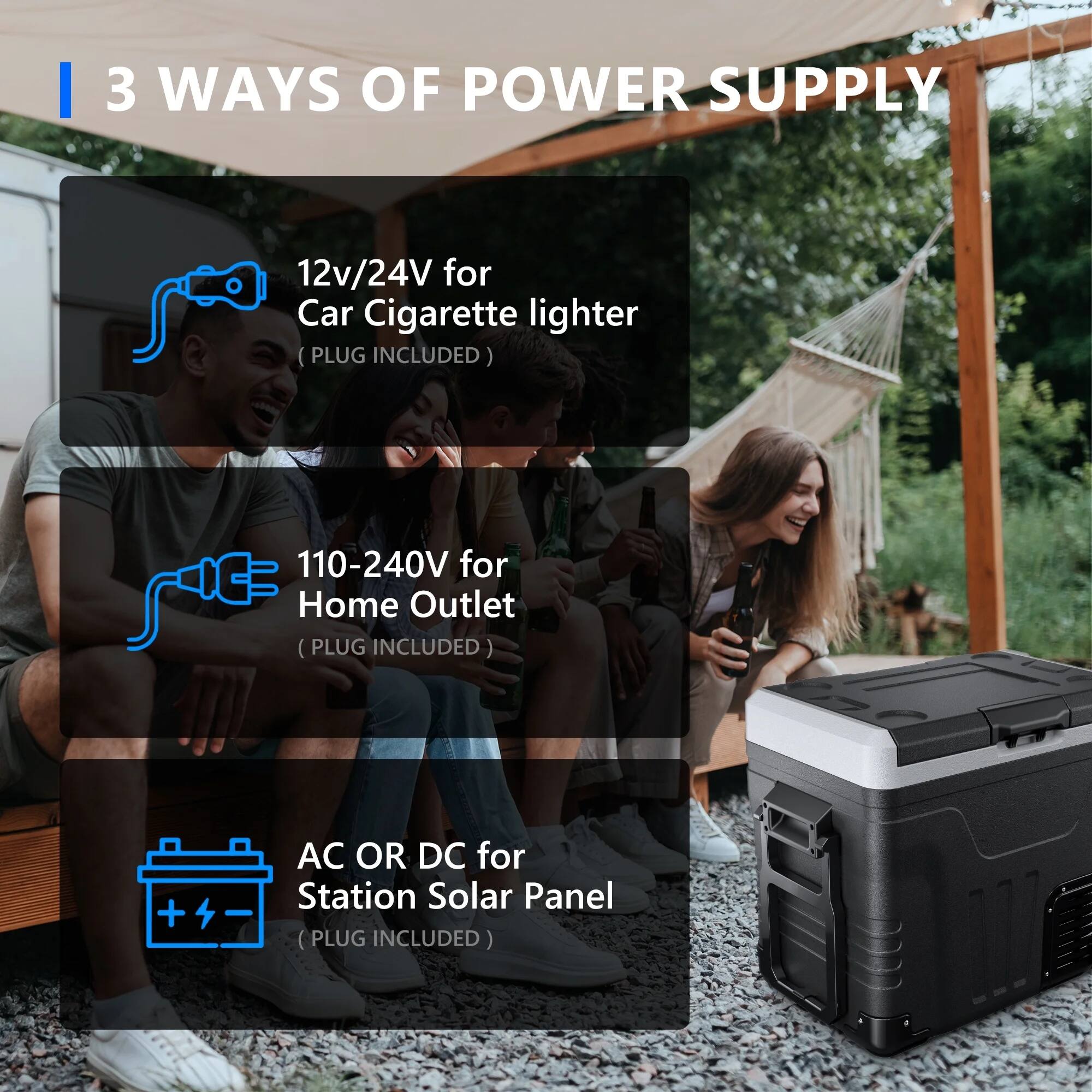 3 WAYS OF POWER SUPPLY

1. 12v/24V for Car Cigarette lighter (PLUG INCLUDED)
2. 110-240V for Home Outlet (PLUG INCLUDED)
3. AC OR DC for Station Solar Panel (PLUG INCLUDED)
