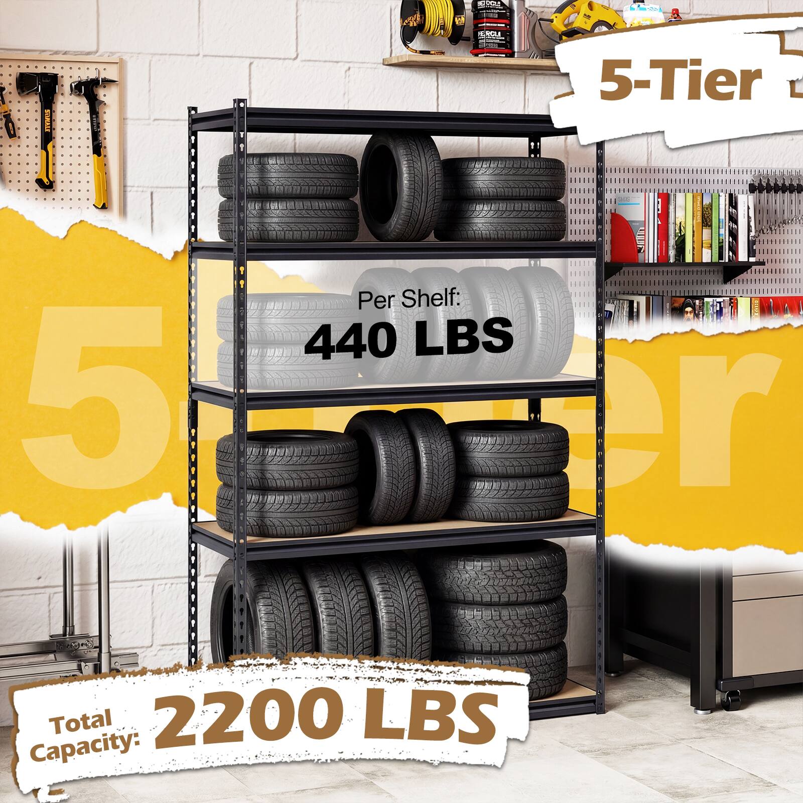 5-Tier  
Per Shelf: 440 LBS  
Total Capacity: 2200 LBS
