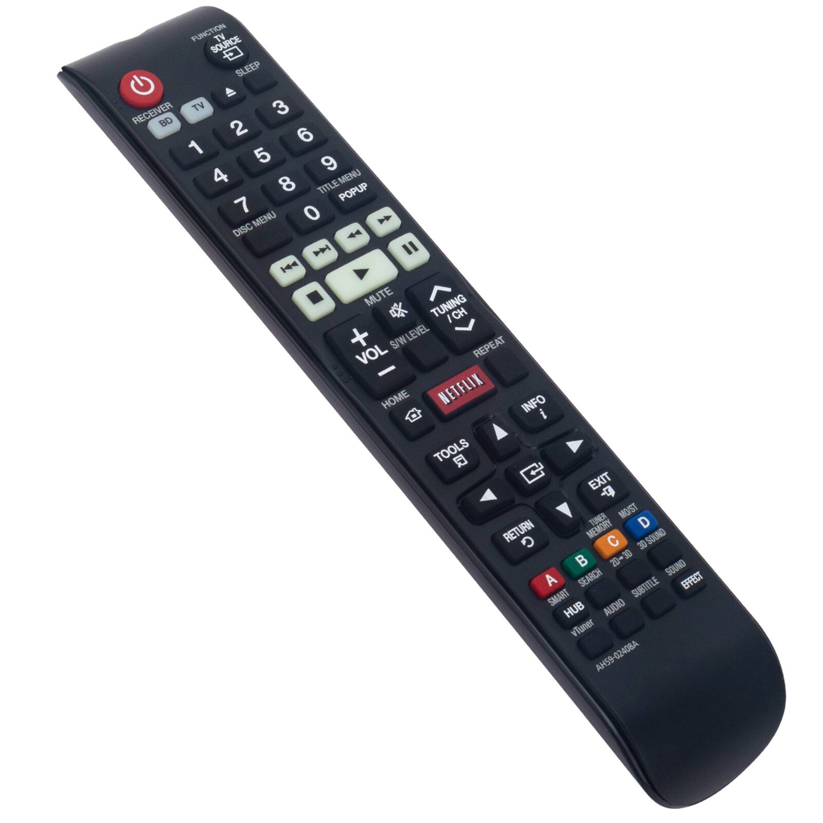 FUNCTION TV SOURCE SLEEP TV 3 RECEIVER BD 2 6 1 5 9 4 8 TITLE MENU TITLE MENU POPUP 7 0 MENU DISC I H MUTE TUNING /CH + LEVEL S/W REPEAT VOL - HOME NETFLIX INFO i TOOLS EXIT d TUNES MOST MEMORY D RETURN G C 30 SOUND 20- 30 B SOUND A SEARCH SUBTITLE EFFECT SMART AUDIO HUB viuner AH59-02408A
