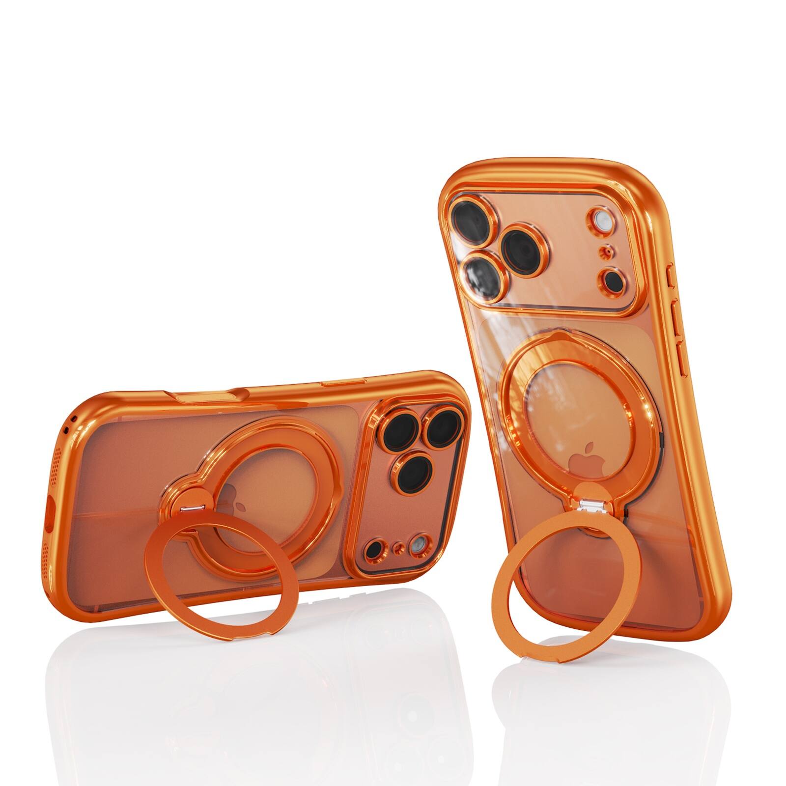 Left. UUCOVER - Magnetic Clear Case for iPhone 17 Pro Max Shockproof TPU Ring Stand Camera Lens Protector Cover with Shoulder Strap - Orange.