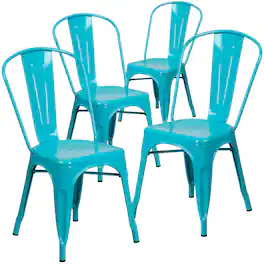 Emma + Oliver - Commercial Grade 4 Pack Metal Indoor-Outdoor Stackable Chair - Crystal Teal-Blue