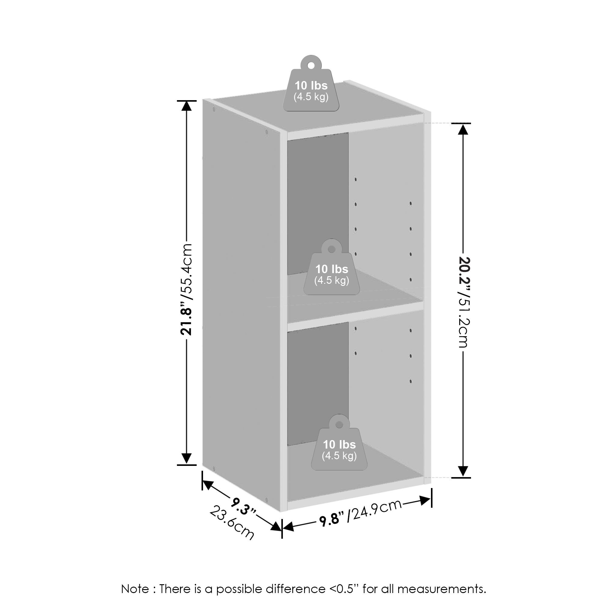 10 lbs (4.5 kg)  
21.8" / 55.4 cm  
10 lbs (4.5 kg)  
20.2" / 51.2 cm  
10 lbs (4.5 kg)  
9.3" / 23.6 cm  
9.8" / 24.9 cm  

Note: There is a possible difference <0.5" for all measurements.