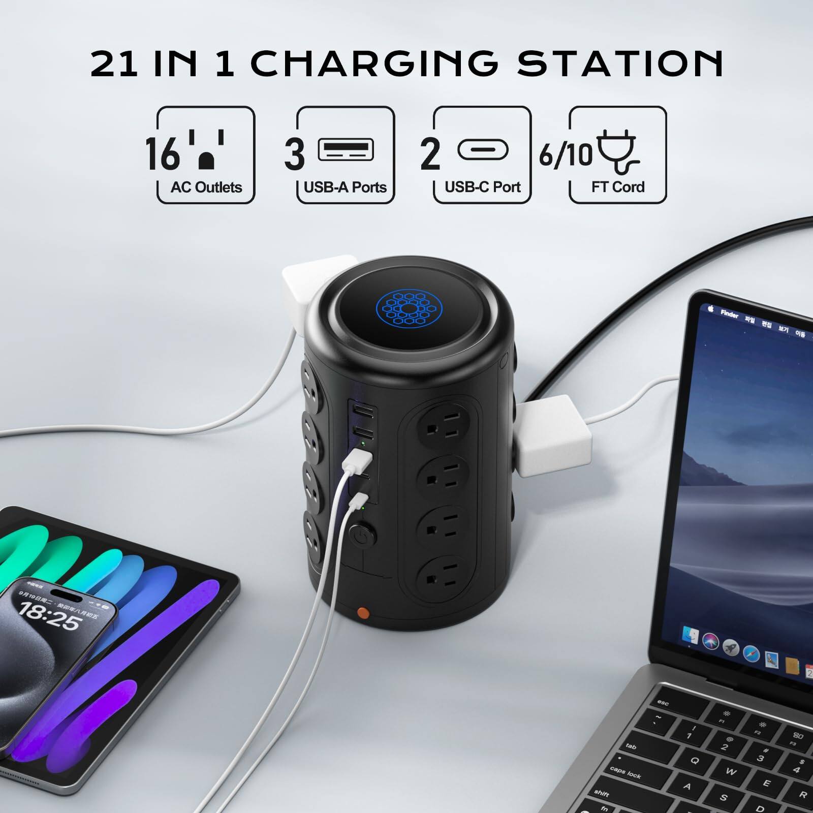 21 IN 1 CHARGING STATION  
16 AC Outlets  
3 USB-A Ports  
2 USB-C Port  
6/10 FT Cord