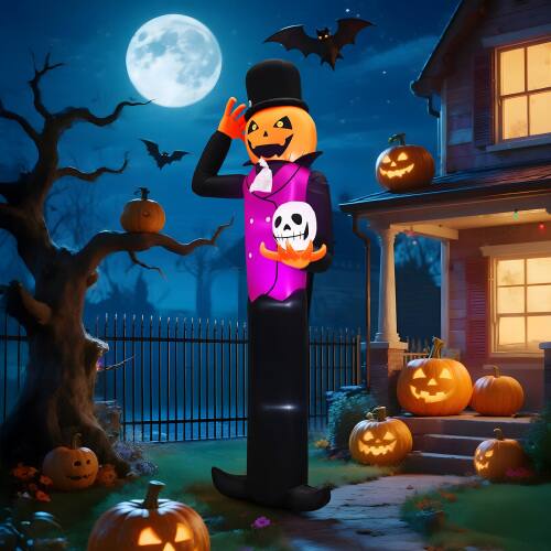 Alt View 10. Winado - 12FT Halloween Inflatable Pumpkin Man Holding Skull with Built-in Lights for Holiday Outdoor Party Garden Decorations - Orange & Purple & Black.