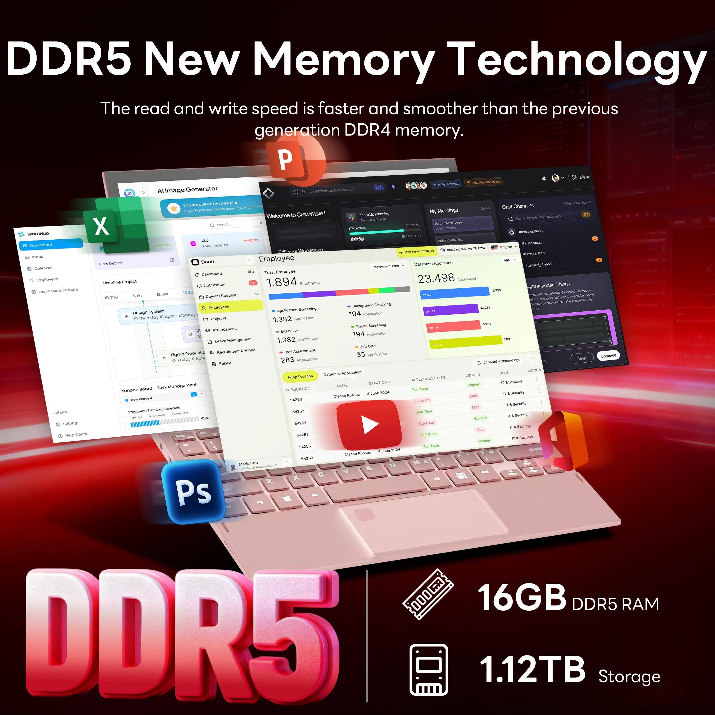 DDR5 New Memory Technology  
The read and write speed is faster and smoother than the previous generation DDR4 memory.  

16GB DDR5 RAM  
1.12TB Storage