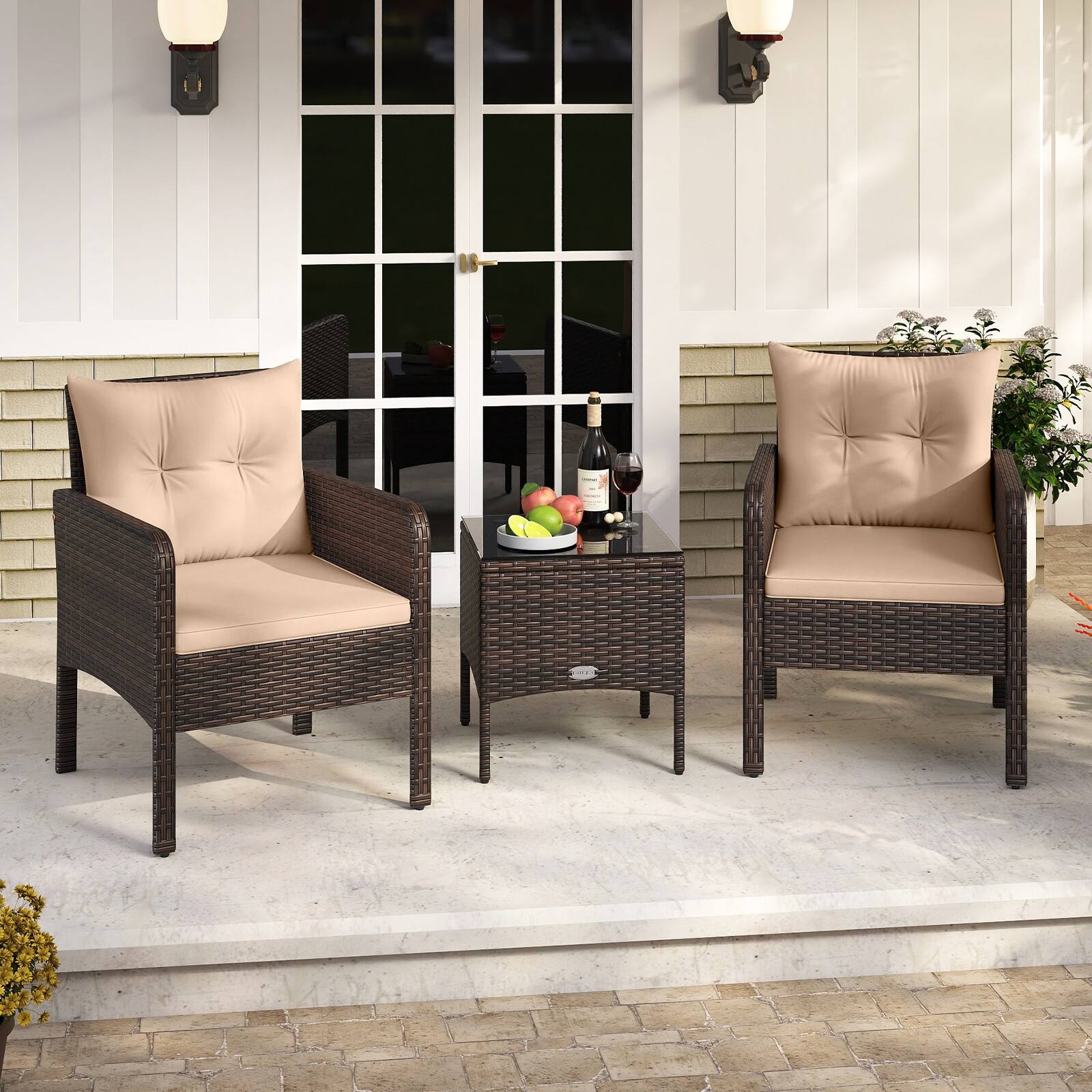 Alt View 3. Gymax - Gymax Set of 3 Outdoor Patio PE Wicker Furniture Set w/Cushions & Tempered Glass Coffee Table Beige - Beige.