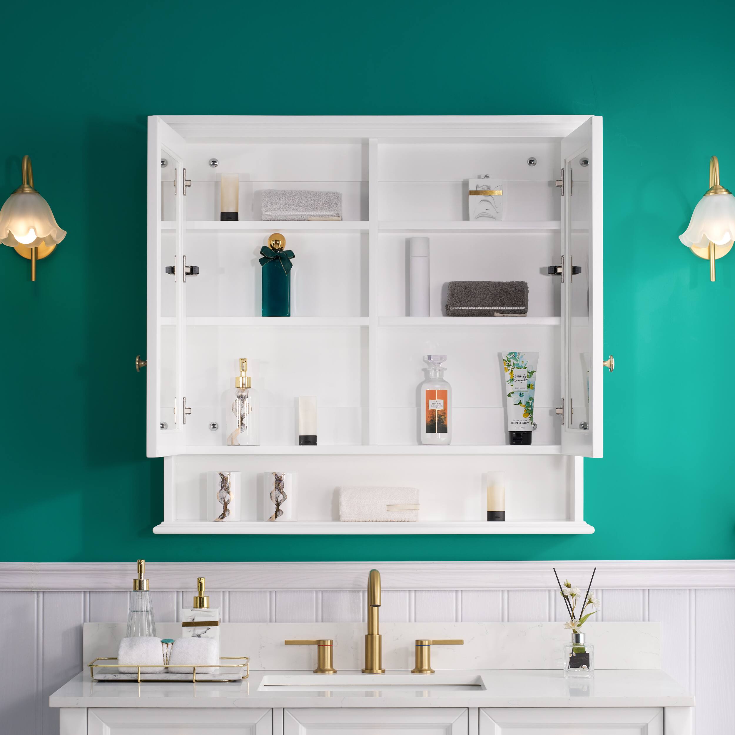 Angle. WELLFOR - 36-Inch W x 24-Inch H Surface-Mount Solid Rubberwood Medicine Cabinet with Double Mirrored Doors - White.