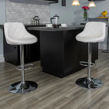 Front. Emma + Oliver - 2 Pack Contemporary Vinyl Bucket Seat Adjustable Height Barstool with Diamond Pattern Back and Chrome Base - White.