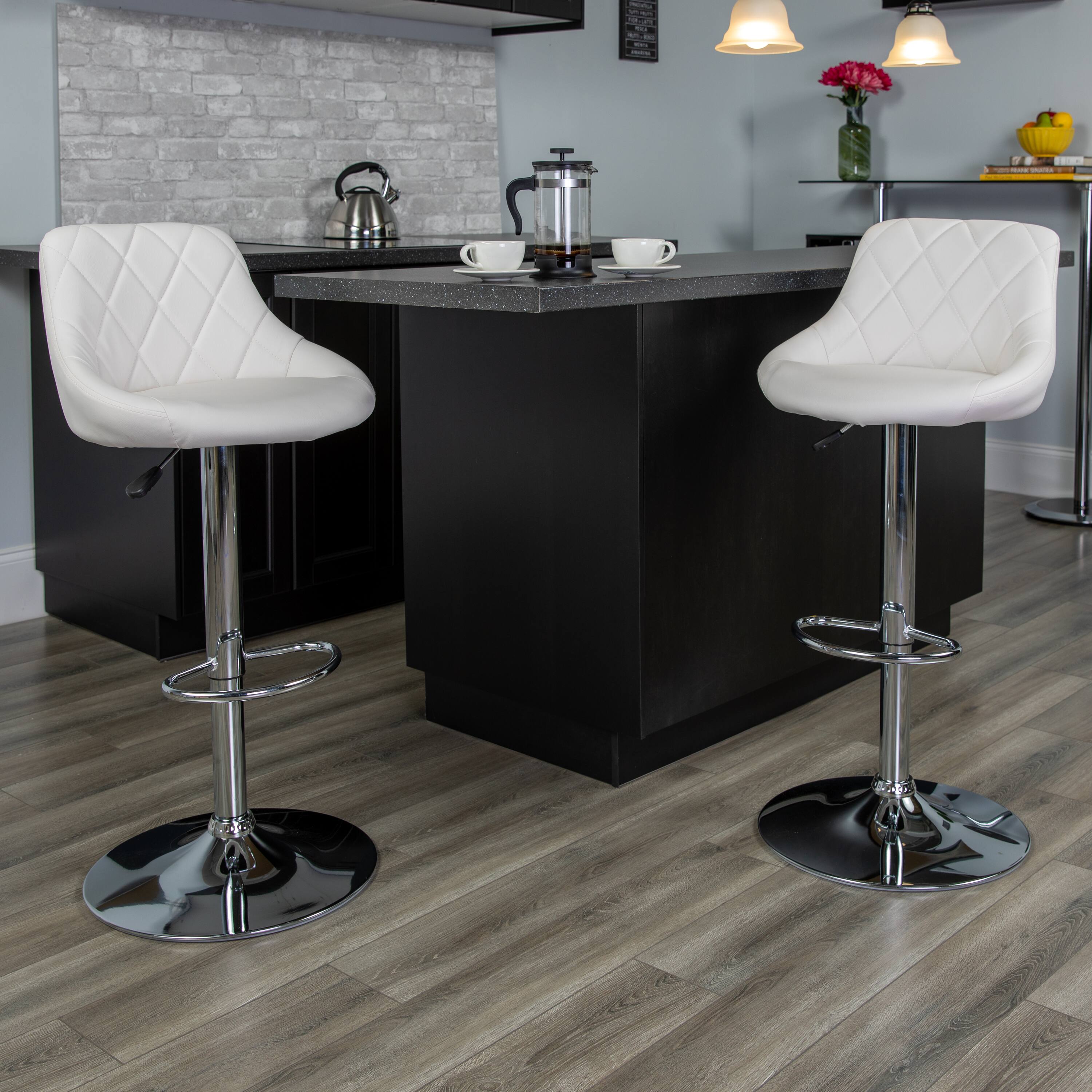 Front. Emma + Oliver - 2 Pack Contemporary Vinyl Bucket Seat Adjustable Height Barstool with Diamond Pattern Back and Chrome Base - White.