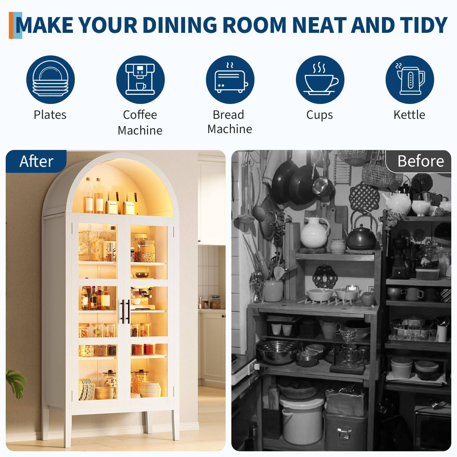 MAKE YOUR DINING ROOM NEAT AND TIDY

Plates
Coffee Machine
Bread Machine
Cups
Kettle

After

Before