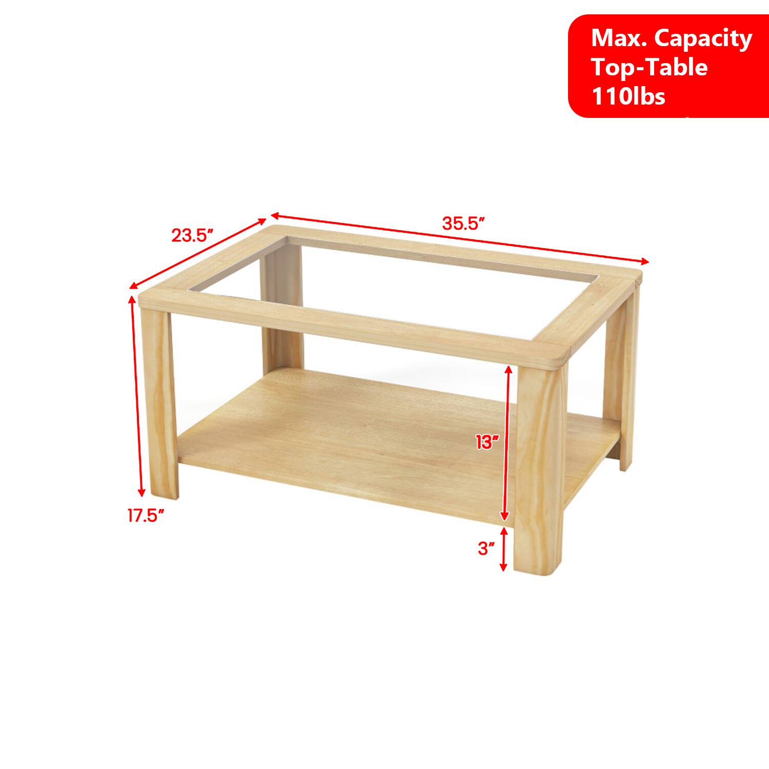 Max. Capacity Top-Table 110lbs  
23.5" x 35.5" x 13" x 17.5" x 3"