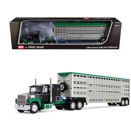 Ford LTL 9000 with 60" Flat Top Sleeper & 45' Wilson Vintage Livestock Trailer Black and Green 1/64 Model by First Gear