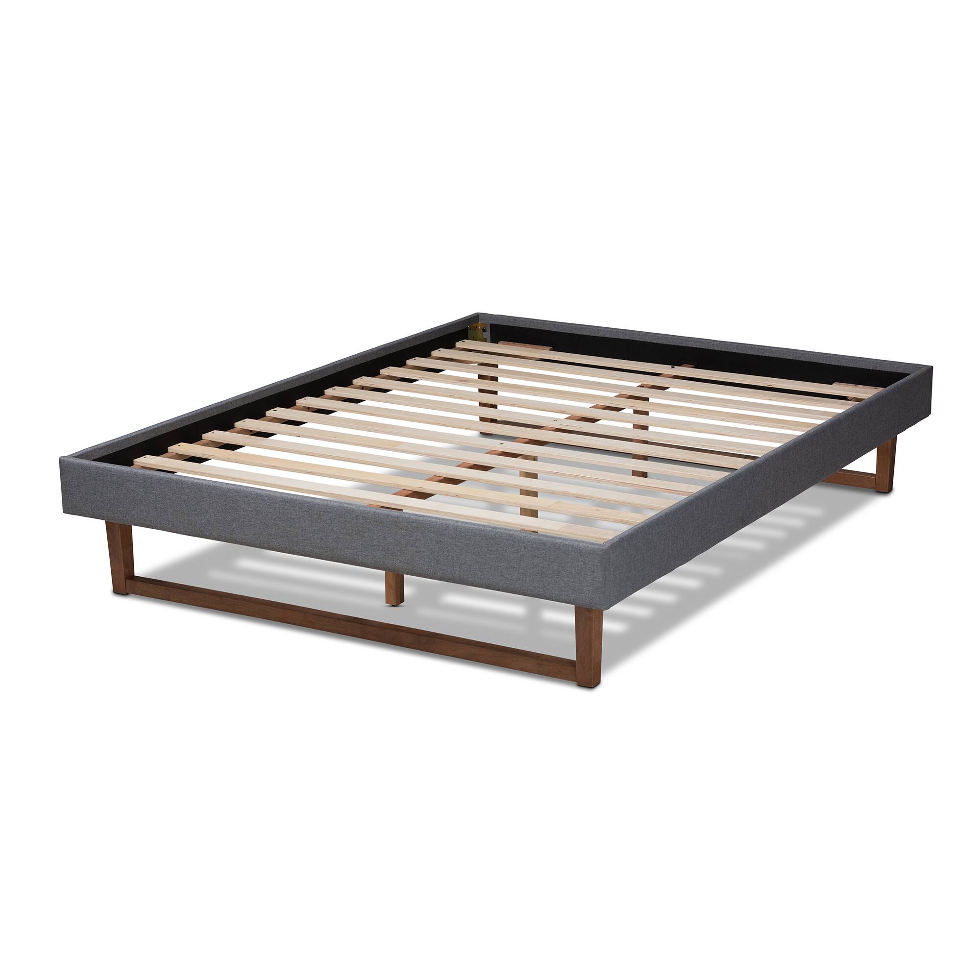 Left. Baxton Studio - Liliya Mid-Century Modern Fabric Upholstered Walnut Brown Finished Wood Platform Bed Frame - Dark Gray/Walnut.