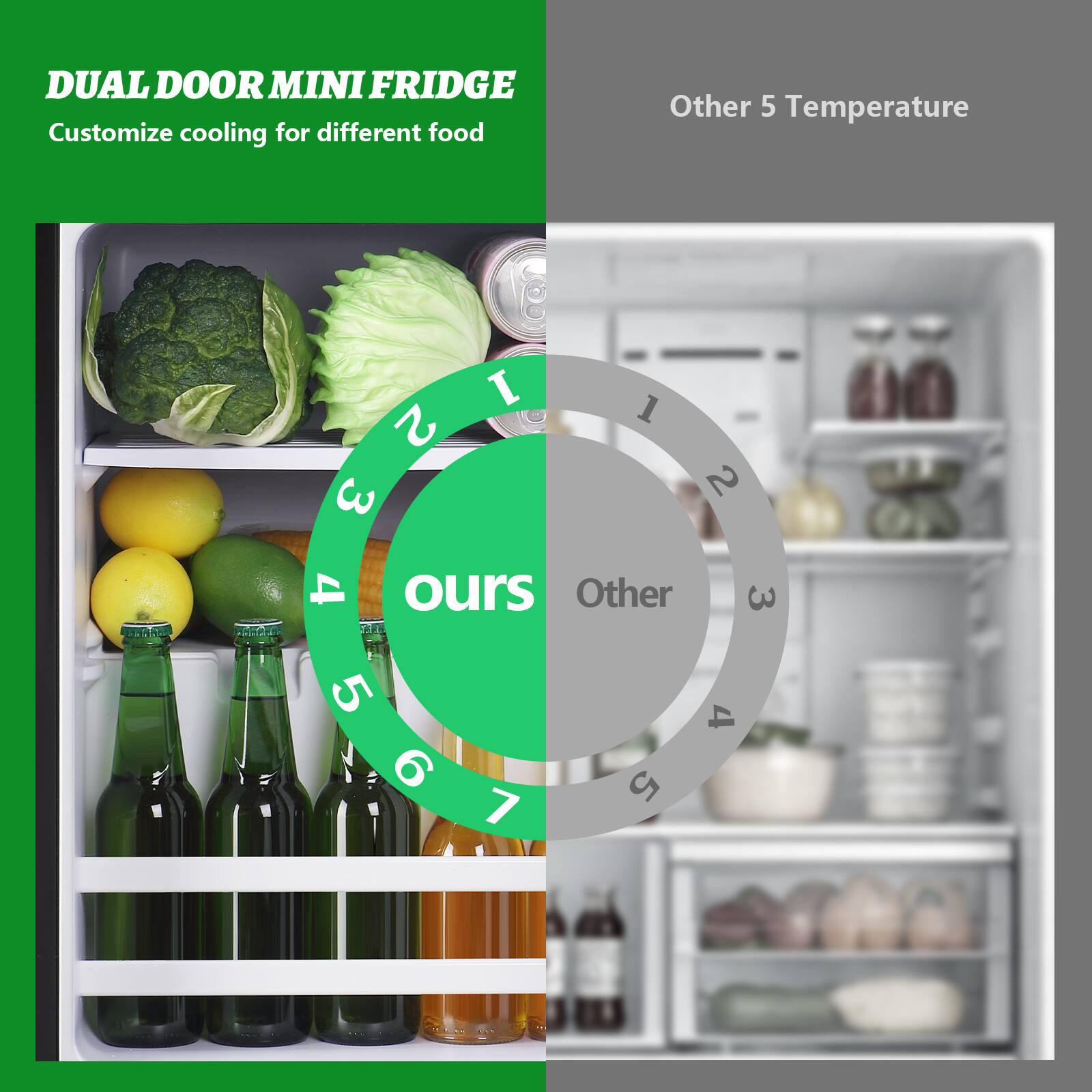 DUAL DOOR MINI FRIDGE  
Customize cooling for different food  

Other 5 Temperature  

ours
