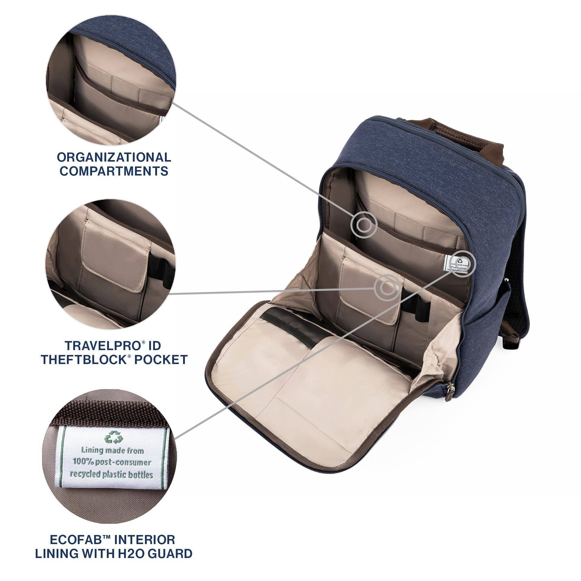 ORGANIZATIONAL COMPARTMENTS  
TRAVELPRO® ID THEFTBLOCK® POCKET  
Lining made from 100% post-consumer recycled plastic bottles  
ECOFAB™ INTERIOR LINING WITH H2O GUARD