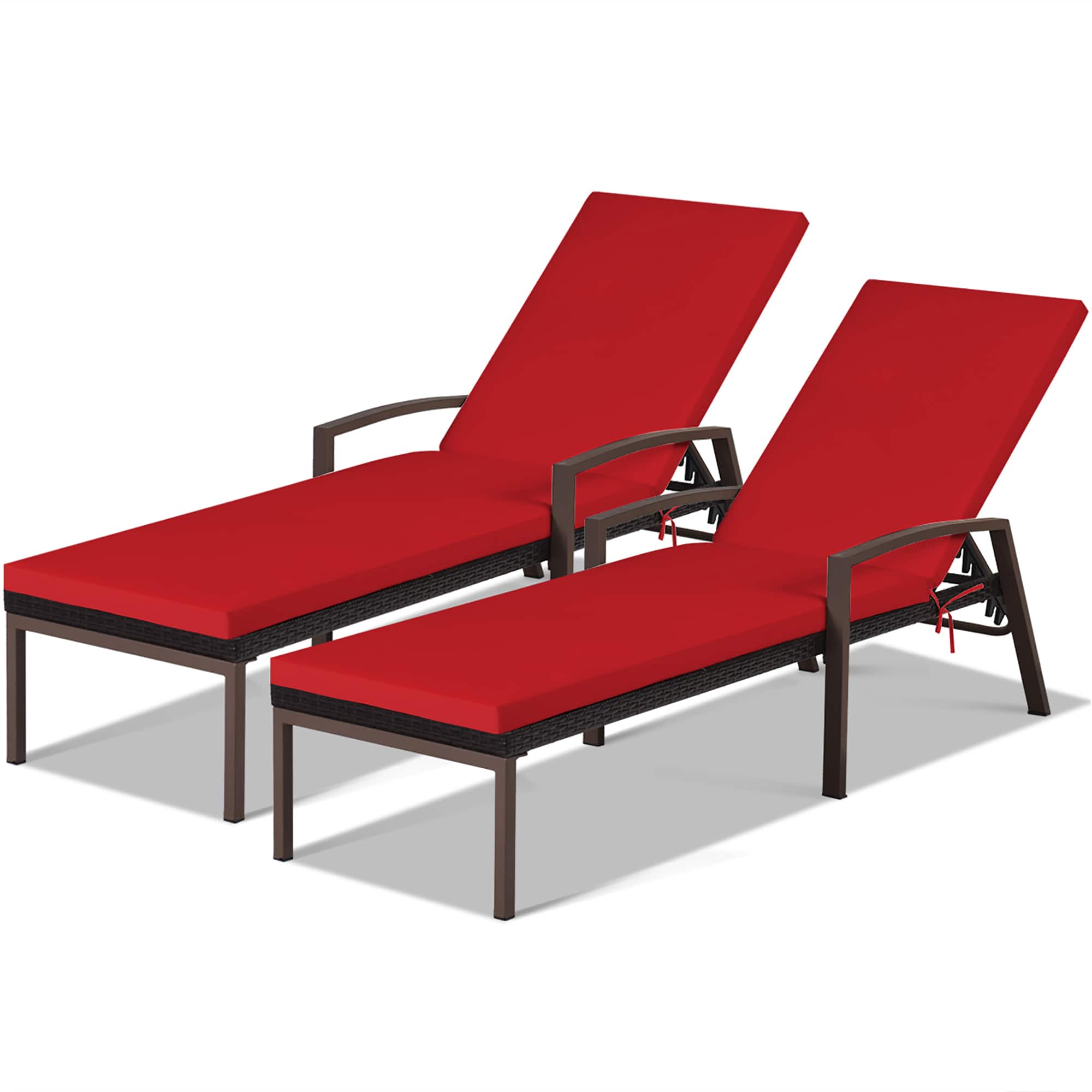 Front. Costway - 2PCS Patio Rattan Lounge Chair Chaise Recliner Back Adjustable Cushioned - Red.
