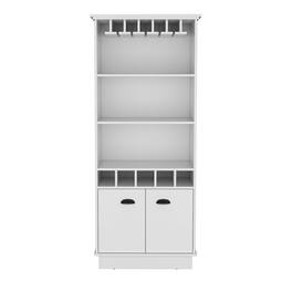 TuHome - Dundee 70-Inch High 10-Glass Bar Cabinet with Five Cubbies, Three Open Shelves and Cabinet for Bar Room or Living Room - White