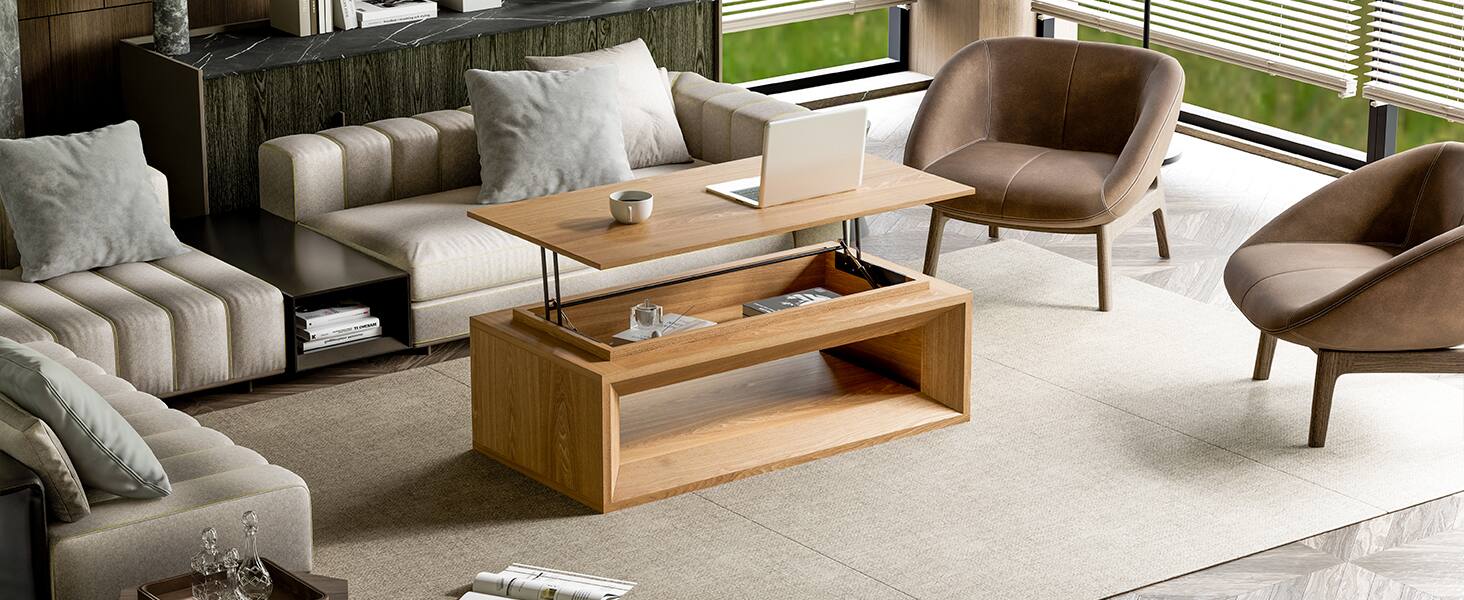 Alt View 7. Loheer - Loheer Lift-Top Coffee Table 43.3 Inch, Solid Wood Veneer, Hidden Storage, Adjustable Height, Natural Wood Finish - Natural Wood.