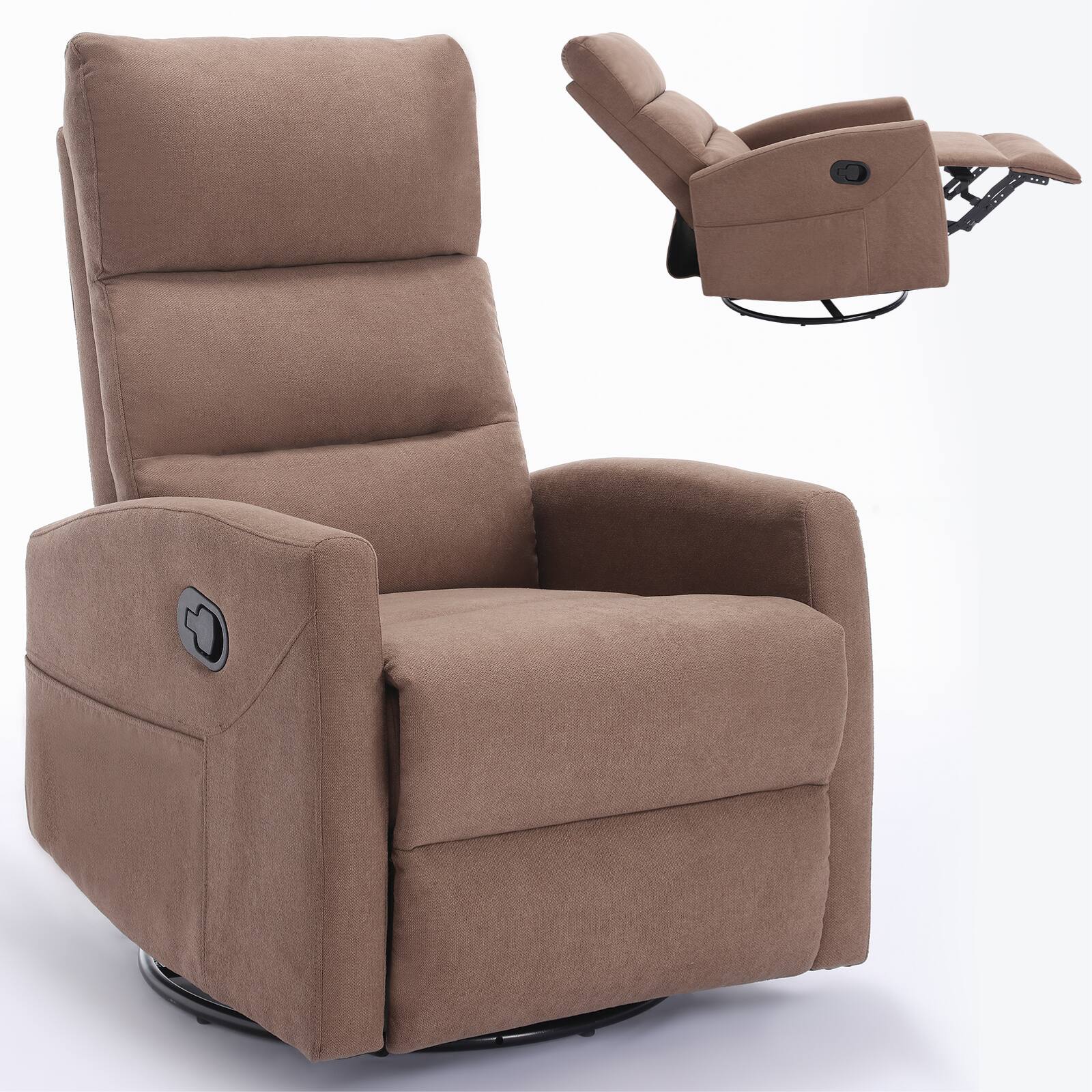 Back. GOODSILO - Manual Recliner Chair with Rocker & Swivel - Fabric Living Room Seating - Brown.