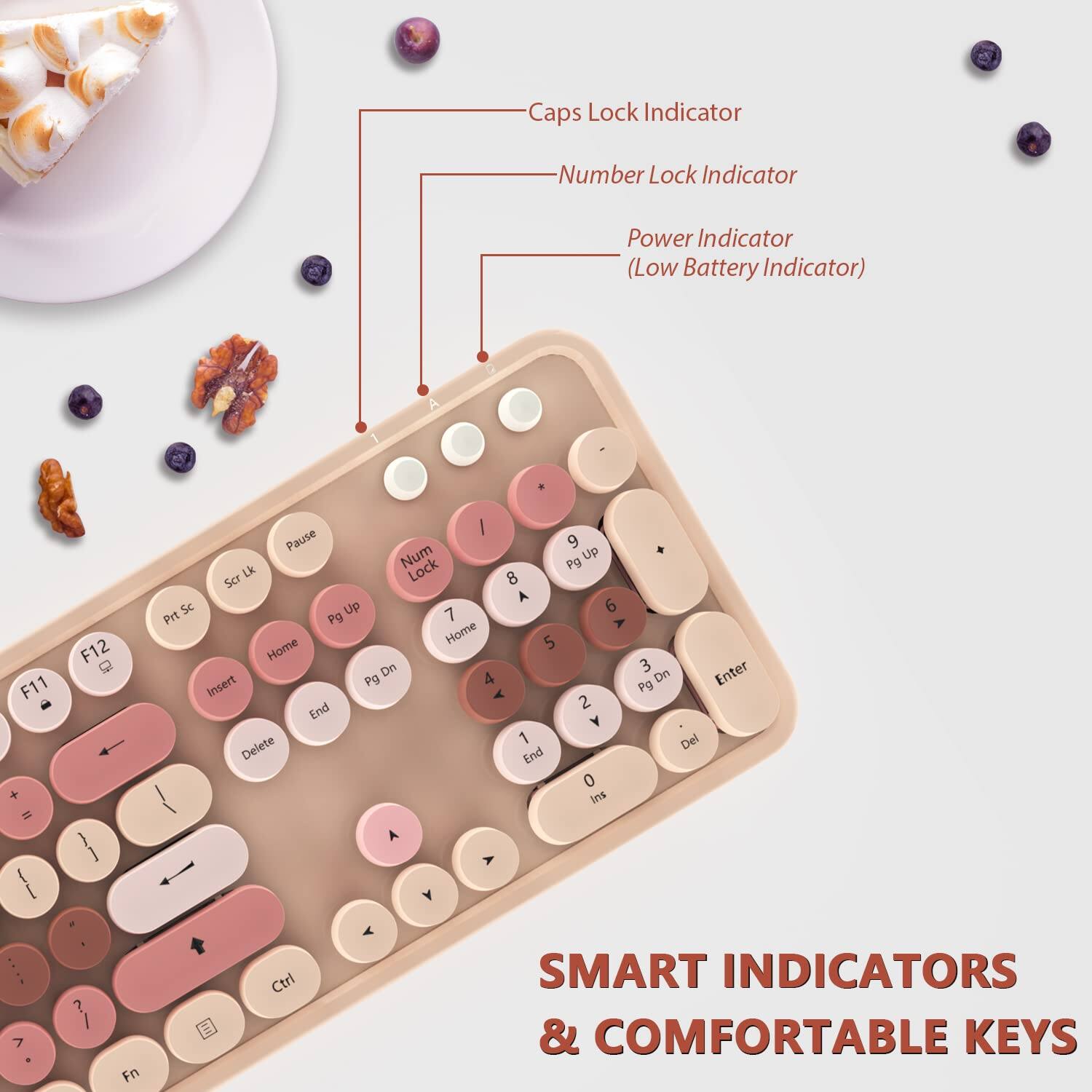 Caps Lock Indicator  
Number Lock Indicator  
Power Indicator (Low Battery Indicator)  

SMART INDICATORS & COMFORTABLE KEYS