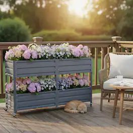 Loheer - Dual Tier Elevated Metal Raised Garden Bed with Wheels Staggered Planter Box for Outdoor Patio Grey