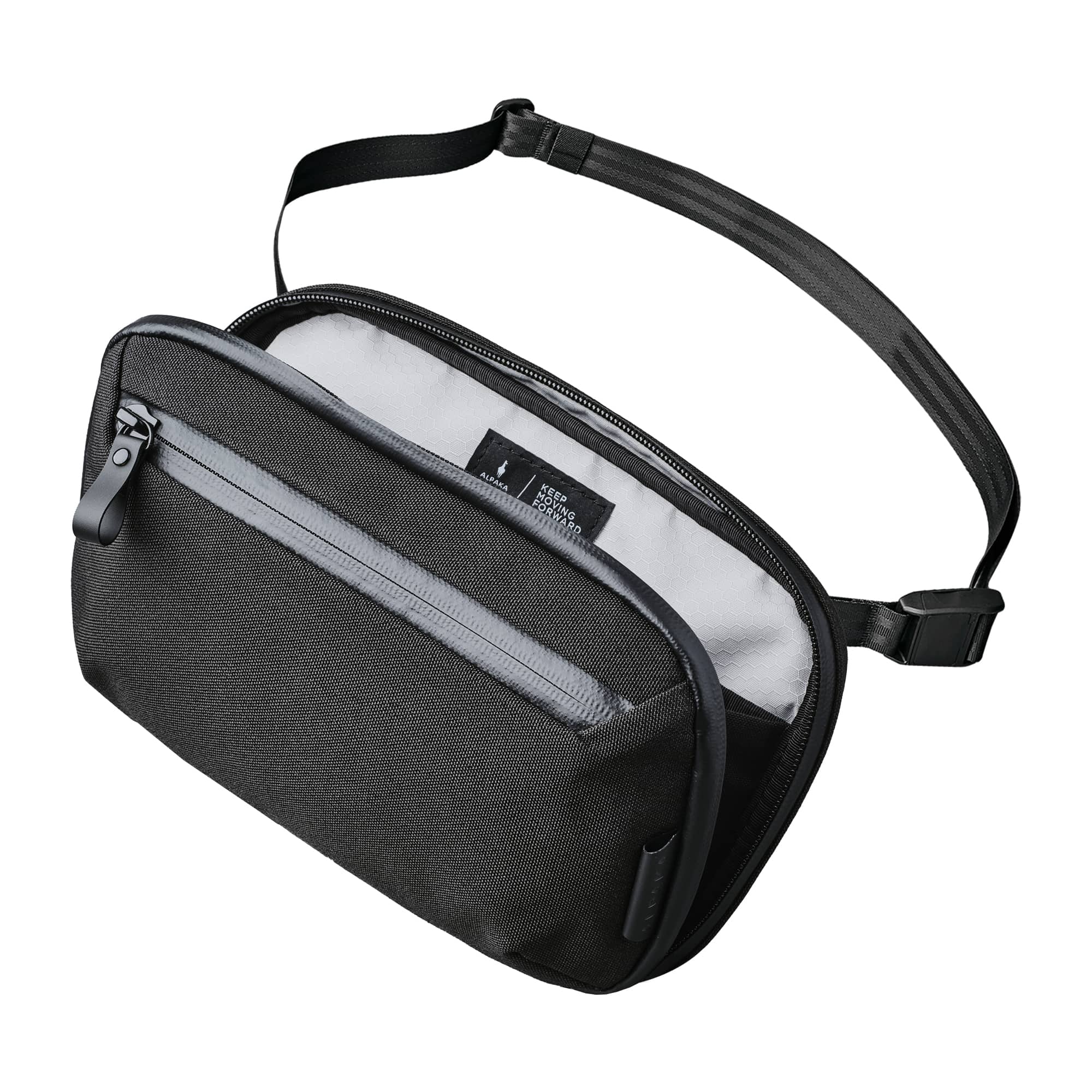 ALPAKA - Tech Organizer Sling Bag 1.5L with Strap, Accordion Opening, 9 Pockets, Fits Kindle, Weatherproof Fabric, YKK Zippers - Black Axoflux 600D