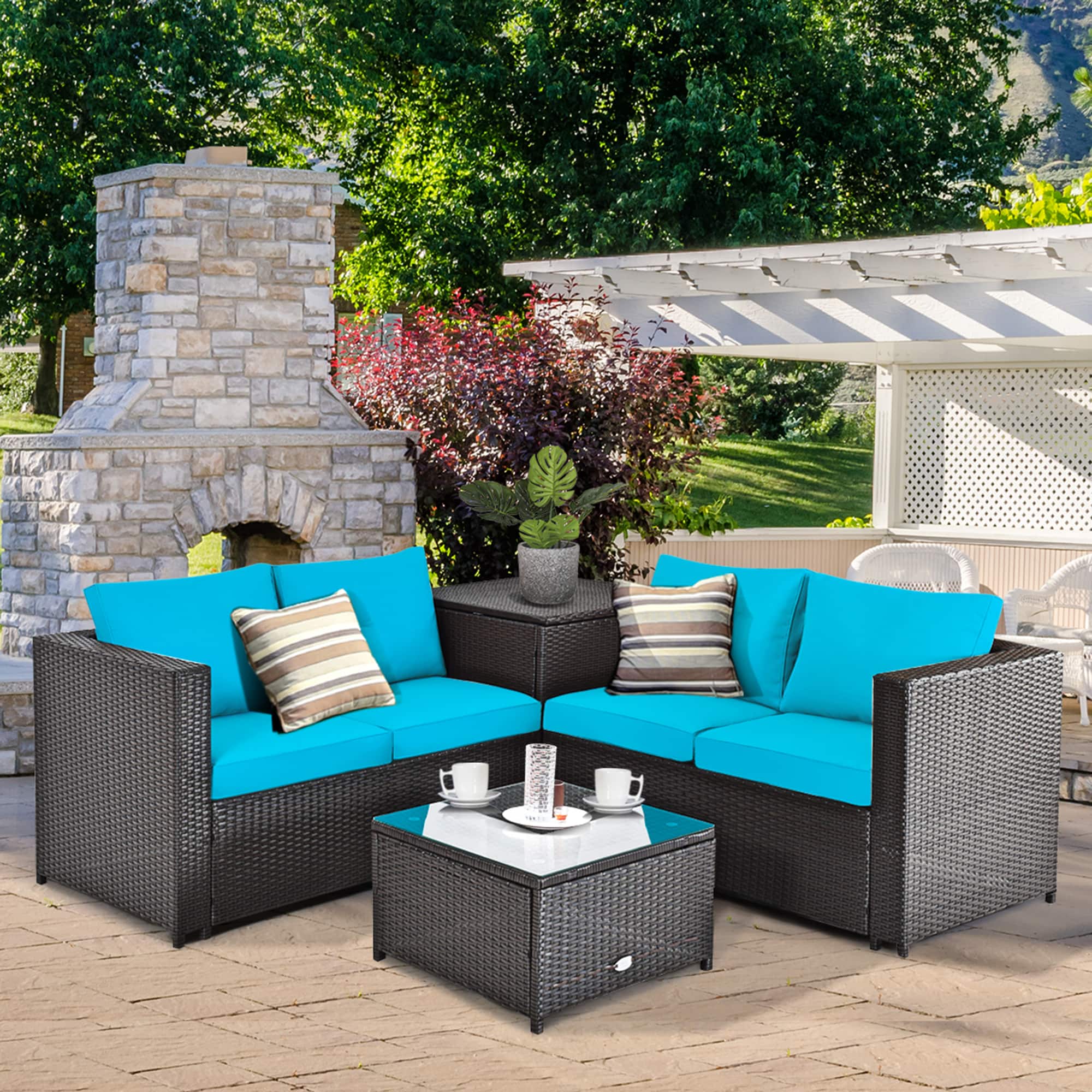 Gymax - 4PCS Cushioned Rattan Patio Conversation Set w/ Side Table Turquoise Cushion - Brown price history on PriceWatchPro
