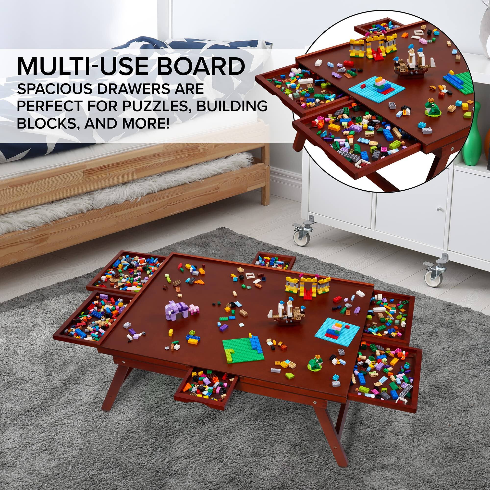 MULTI-USE BOARD SPACIOUS DRAWERS ARE PERFECT FOR PUZZLES, BUILDING BLOCKS, AND MORE!