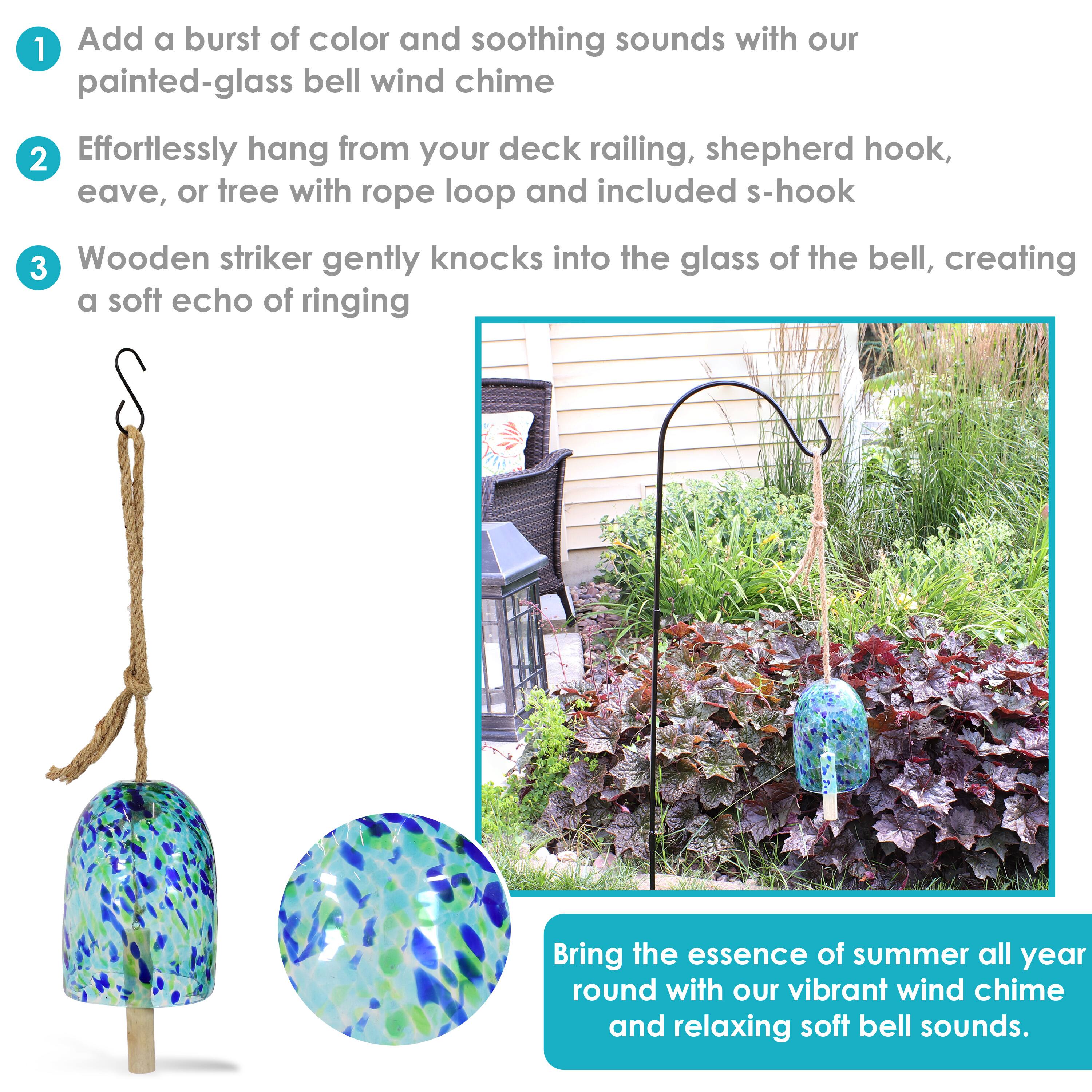 1. Add a burst of color and soothing sounds with our painted-glass bell wind chime.

2. Effortlessly hang from your deck railing, shepherd hook, eave, or tree with rope loop and included s-hook.

3. Wooden striker gently knocks into the glass of the bell, creating a soft echo of ringing.

Bring the essence of summer all year round with our vibrant wind chime and relaxing soft bell sounds.
