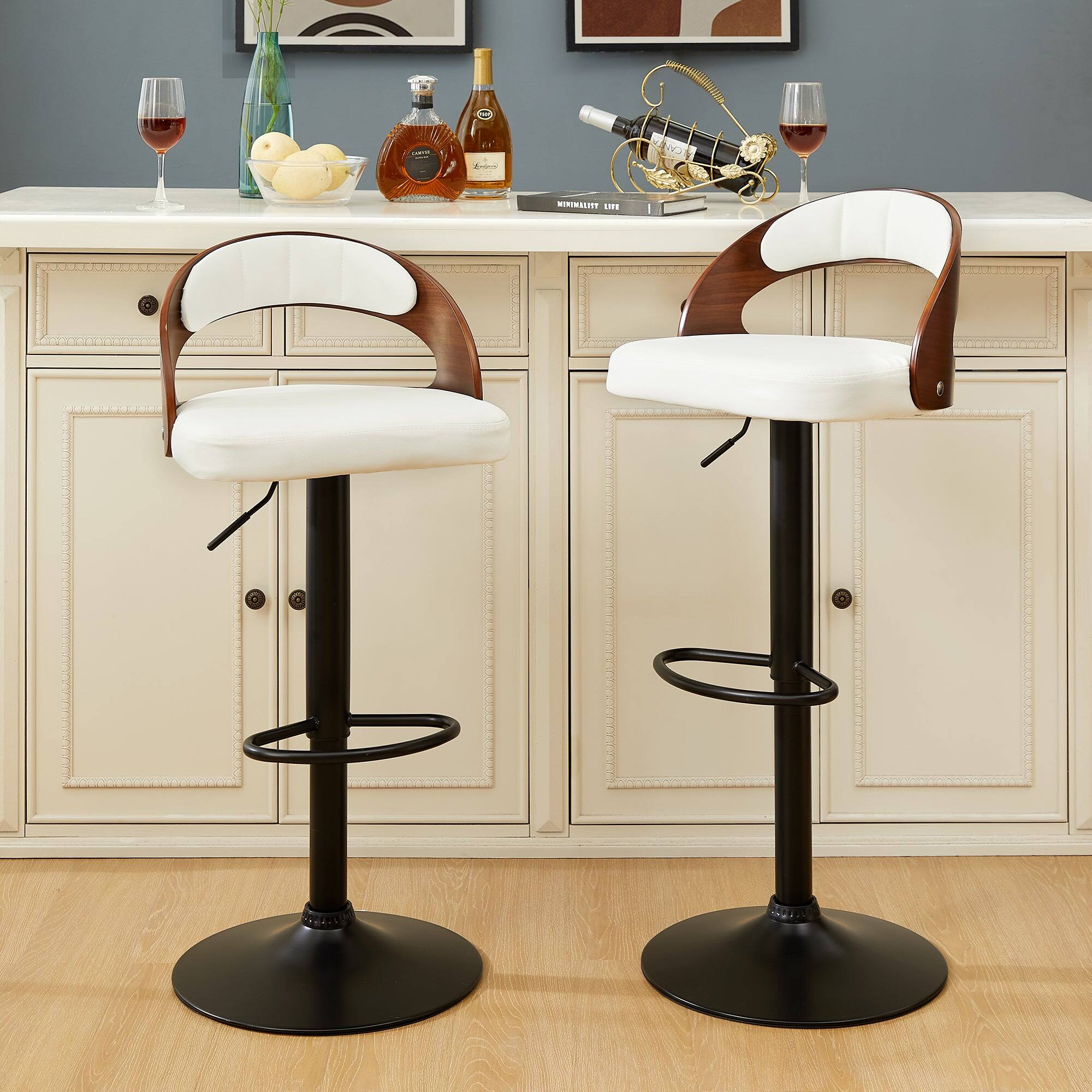 Front. Vecelo - Set of 2 Swivel Bar Stools with Adjustable Height - 360° Rotation, PU Leather & Metal Base, 330lb Capacity - White.
