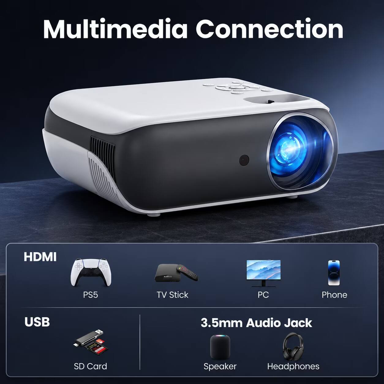 Multimedia Connection

HDMI
- PS5
- TV Stick
- PC
- Phone

USB
- SD Card

3.5mm Audio Jack
- Speaker
- Headphones