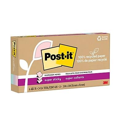 Post-it  
100% recycled paper  
100% de papier recyclé  

Dispenser Notes  
Feuilles pour distributeur  

Super sticky  
Super collants  

6 S 70  
EA TOTAL / CONT 420  

3 IN x 3 IN (76 mm x 75 mm)  

3M