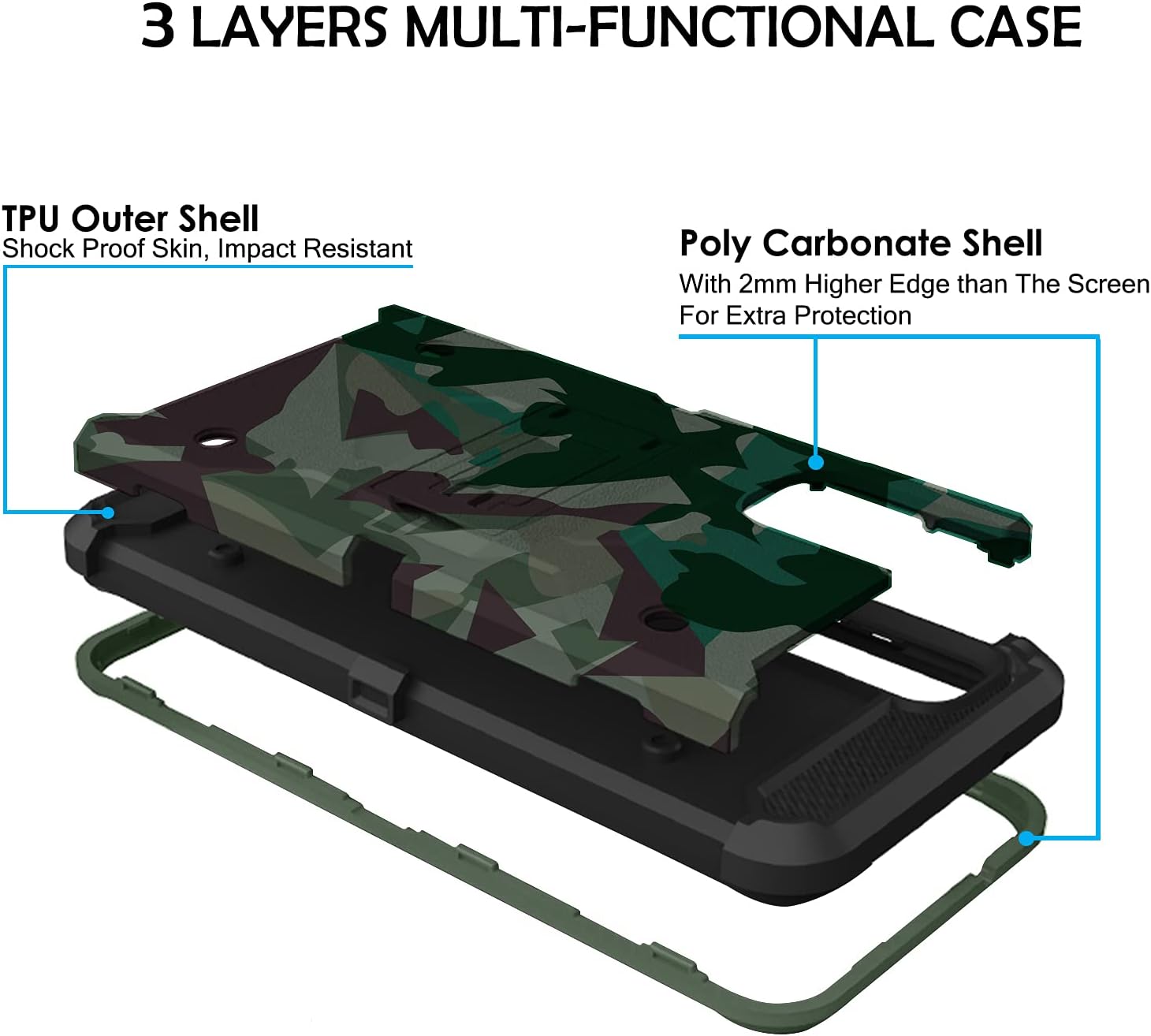 3 LAYERS MULTI-FUNCTIONAL CASE

TPU Outer Shell
Shock Proof Skin, Impact Resistant

Poly Carbonate Shell
With 2mm Higher Edge than The Screen For Extra Protection