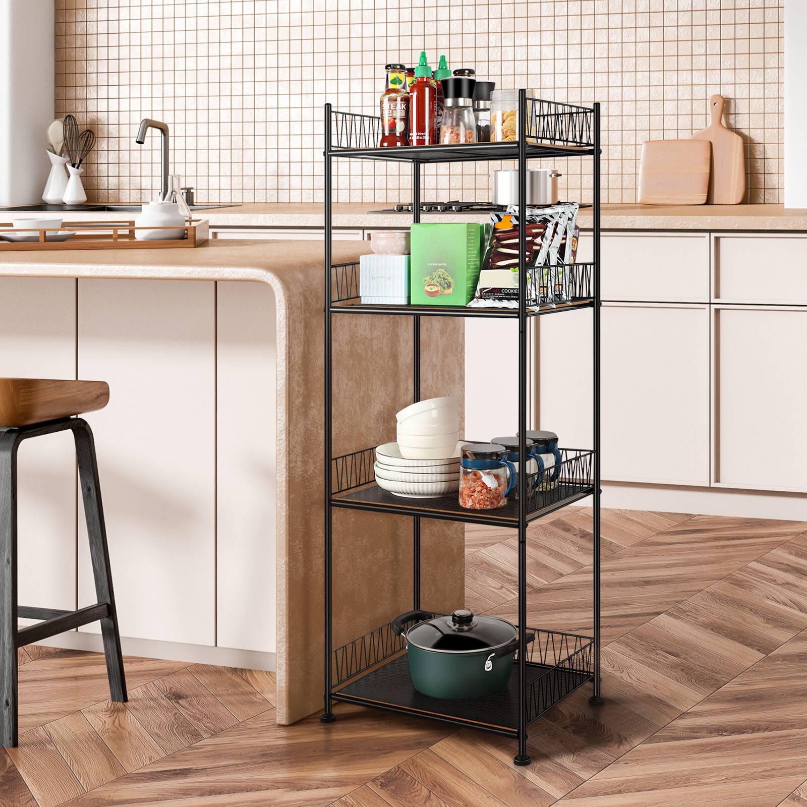Alt View 1. Oumilen - 4-Tier Black Storage Shelf with Guard Rail, Wood Board Metal Wire Frame Narrow Vertical Organizer Rack - Black.
