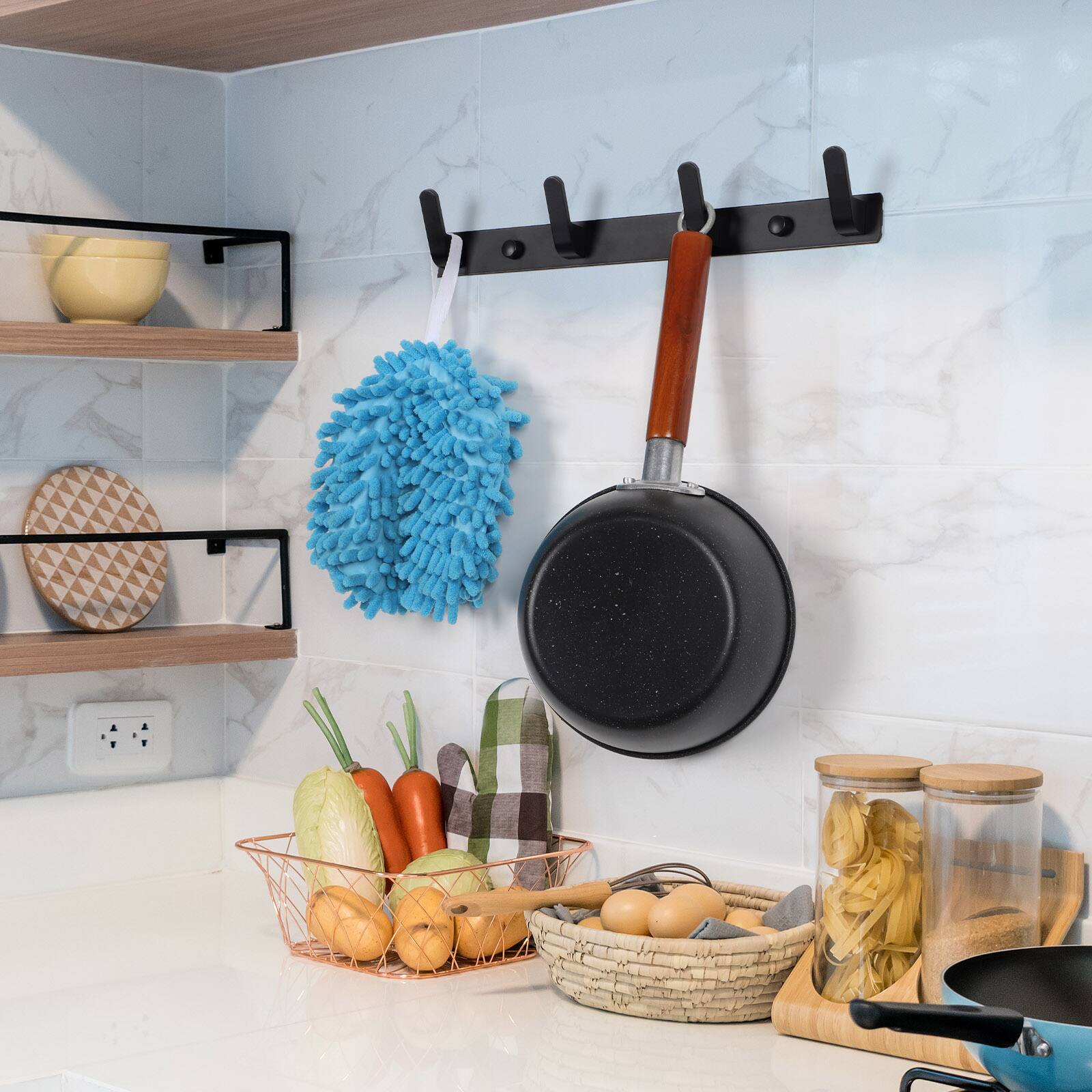 Alt View 1. Oumilen - Black Metal Wall Coat Rack with 4 Hooks – No Drill Adhesive Hanger for Coats, Towels, Bathroom, Kitchen - Black.