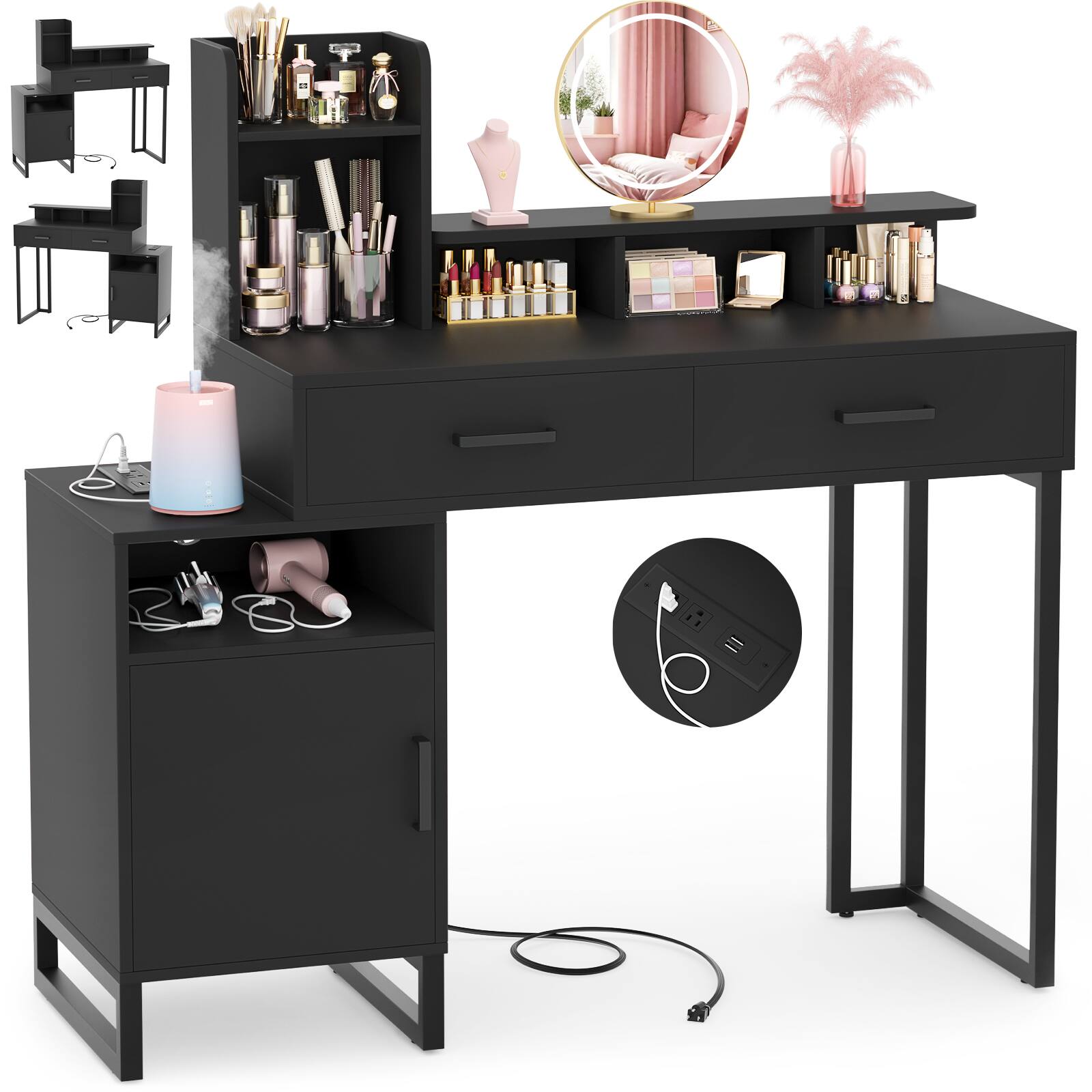 Angle. Aheaplus - 36'' Wide Small Makeup Vanity Desk with Charging Station, 2 Drawers, and Cabinet for Bedroom - Black.