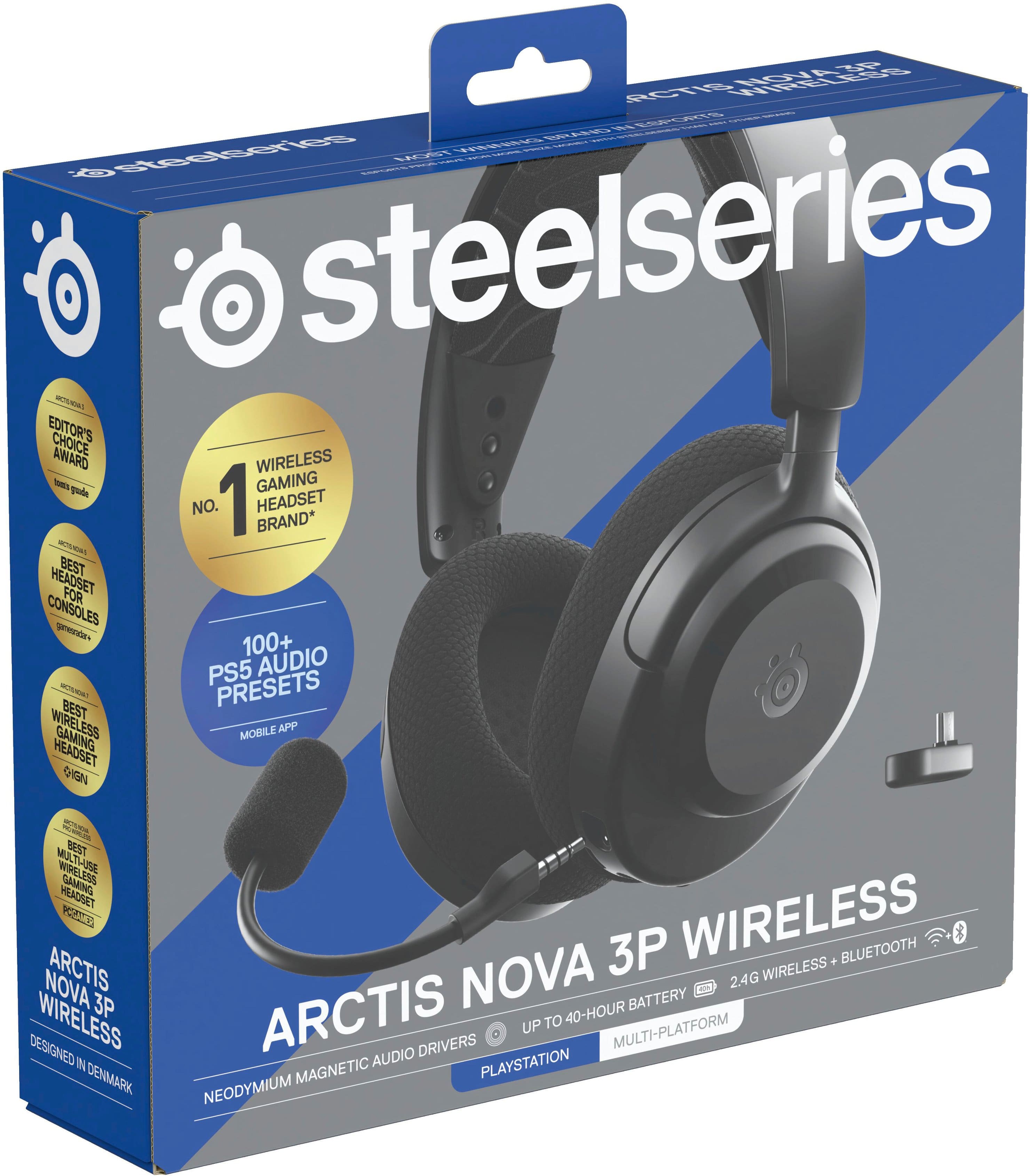 The text on the image reads: "Wireless Arctis Nova 3P - Editor's Choice Award - Best Wireless Gaming Headset - Best Wireless Headset for Consoles - 100+ PS5 Audio Presets - Best Wireless Mobile App Headset - Designed in Denmark - 3P Wireless + Bluetooth - Noise Cancellation - Multi-Platform Audio - Up to 40-Hour Battery Life - Arctis Drivers - Magnetic Neodymium."