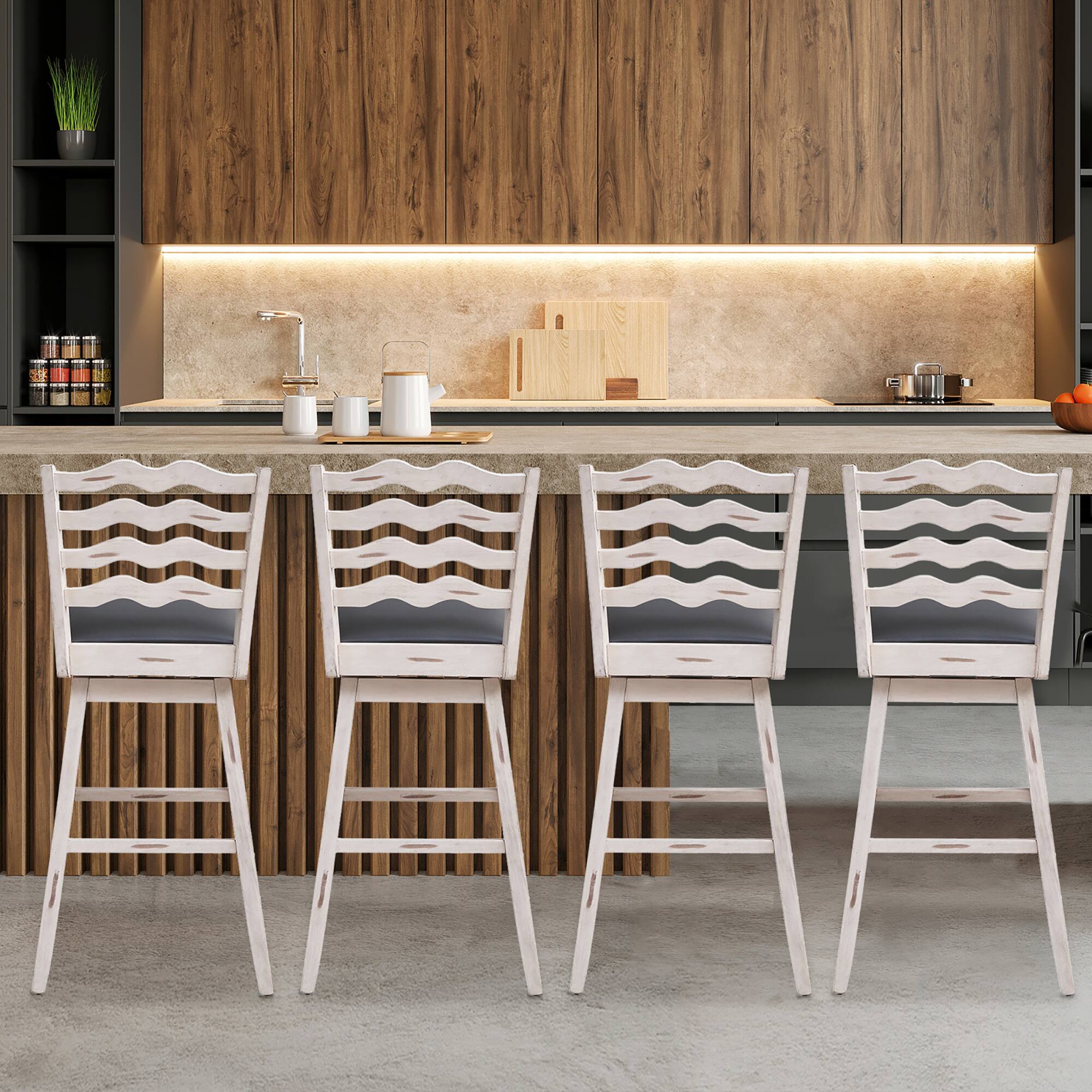 Angle. Costway - Set of 4 Swivel Bar Stools Bar Height Upholstered  Faux Leather Dining Chairs - Antique White + Grey.