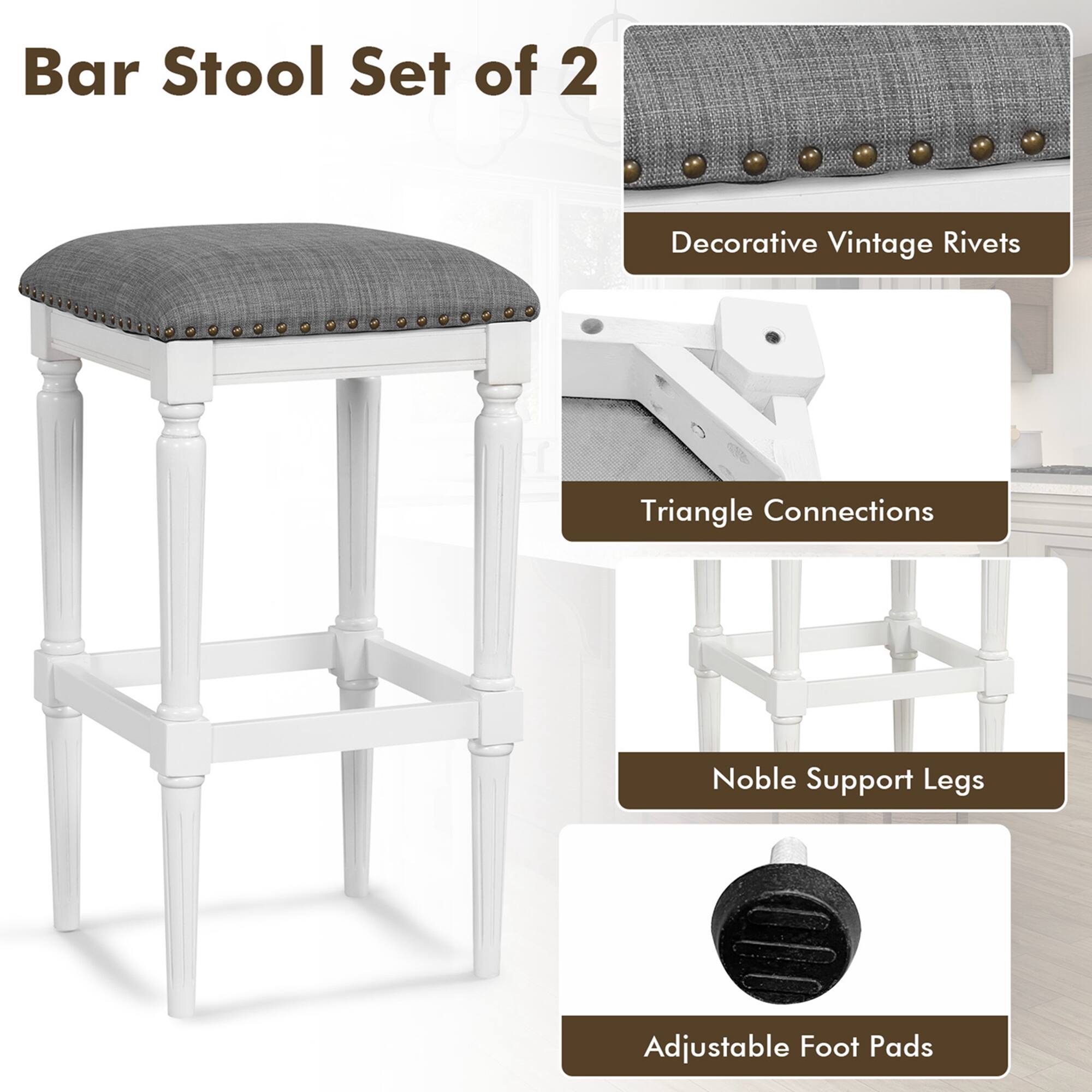 Bar Stool Set of 2 Decorative Vintage Rivets Triangle Connections Noble Support Legs Adjustable Foot Pads