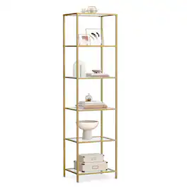 Songmics Home - Bookcase, 6-Tier Bookshelf, Slim Shelving Unit for Bedroom, Bathroom, Home Office, Tempered Glass, Steel Frame - Metallic Gold