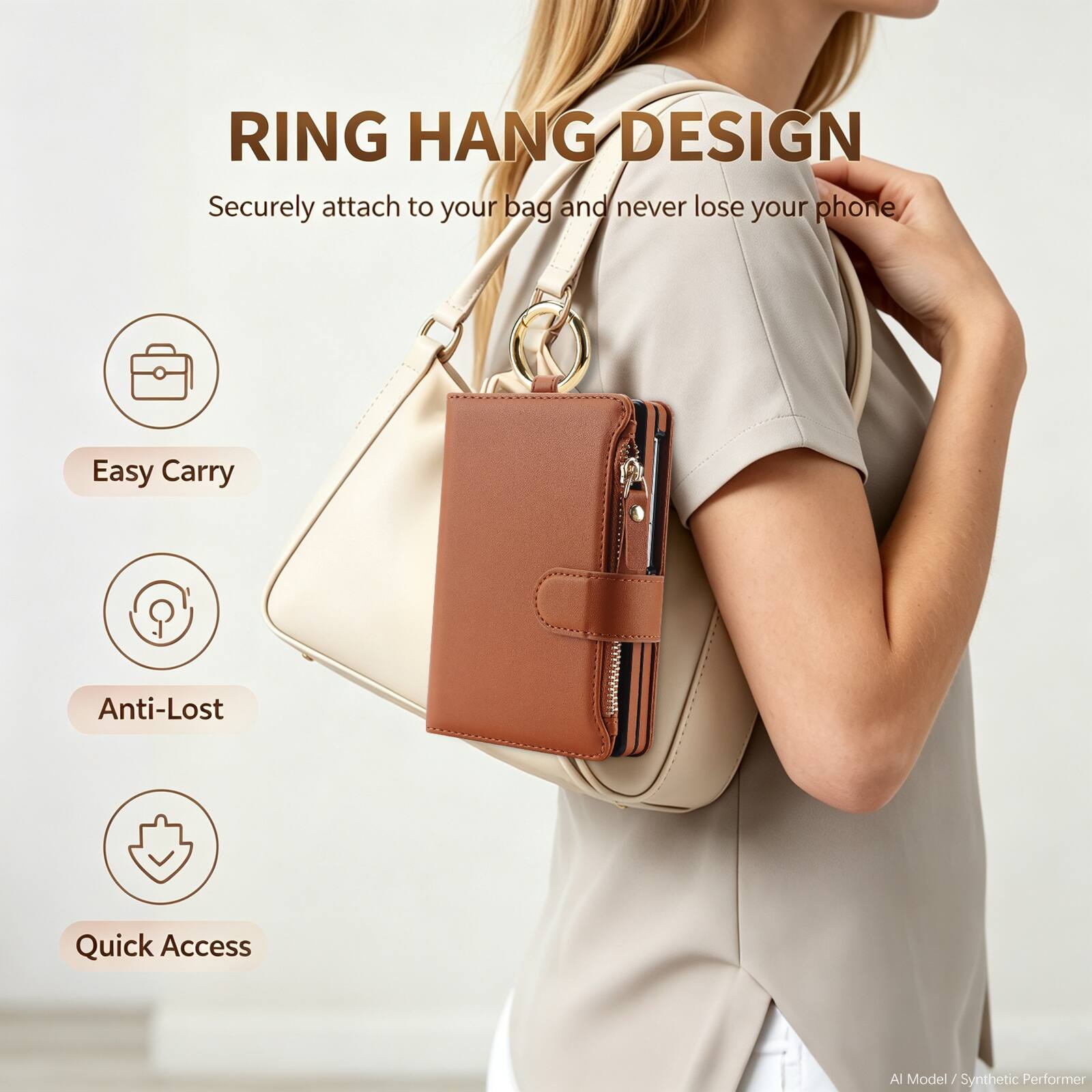 RING HANG DESIGN  
Securely attach to your bag and never lose your phone

Easy Carry  
Anti-Lost  
Quick Access  

Al Model / Synthetic Performer