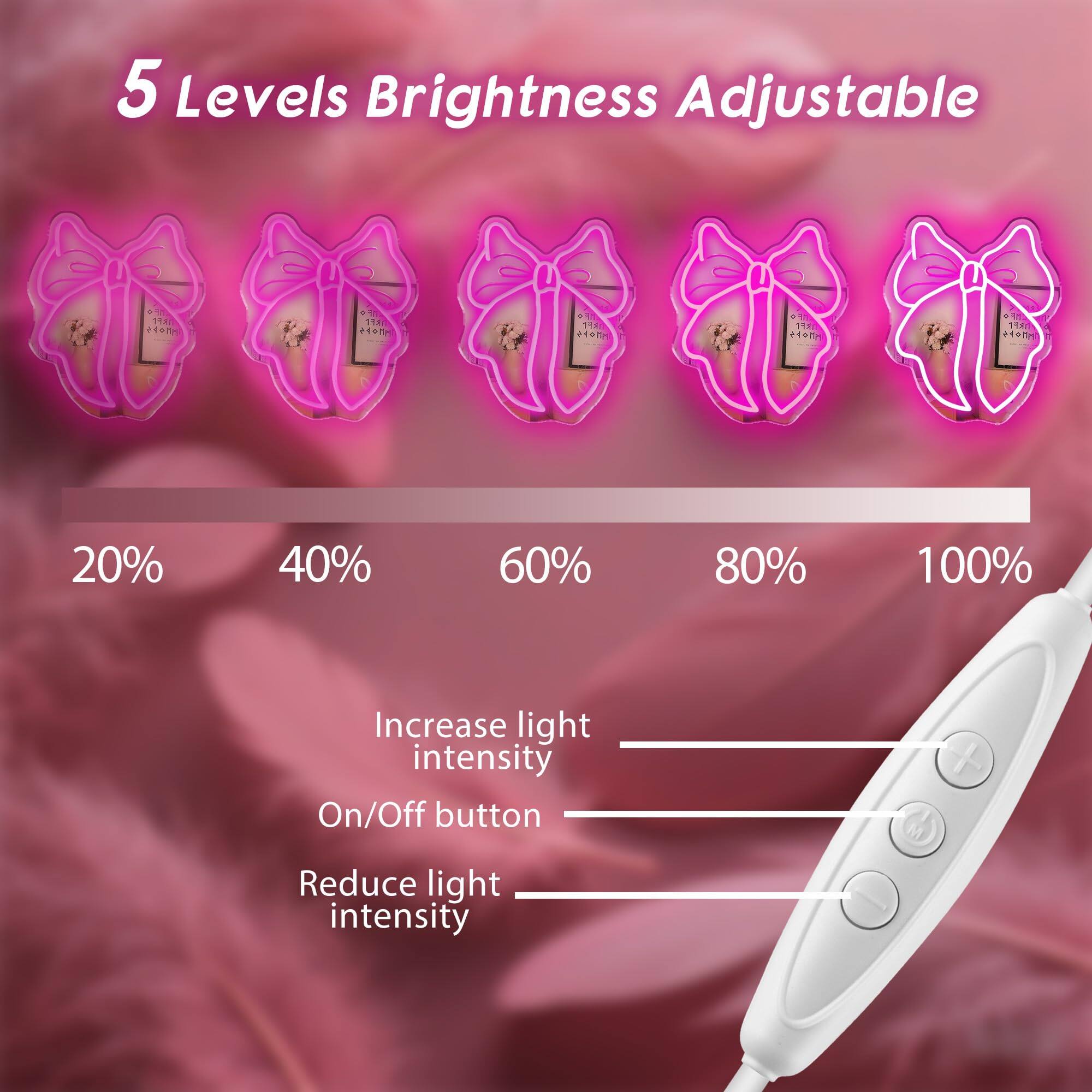 5 Levels Brightness Adjustable

20% 40% 60% 80% 100%

Increase light intensity
On/Off button
Reduce light intensity