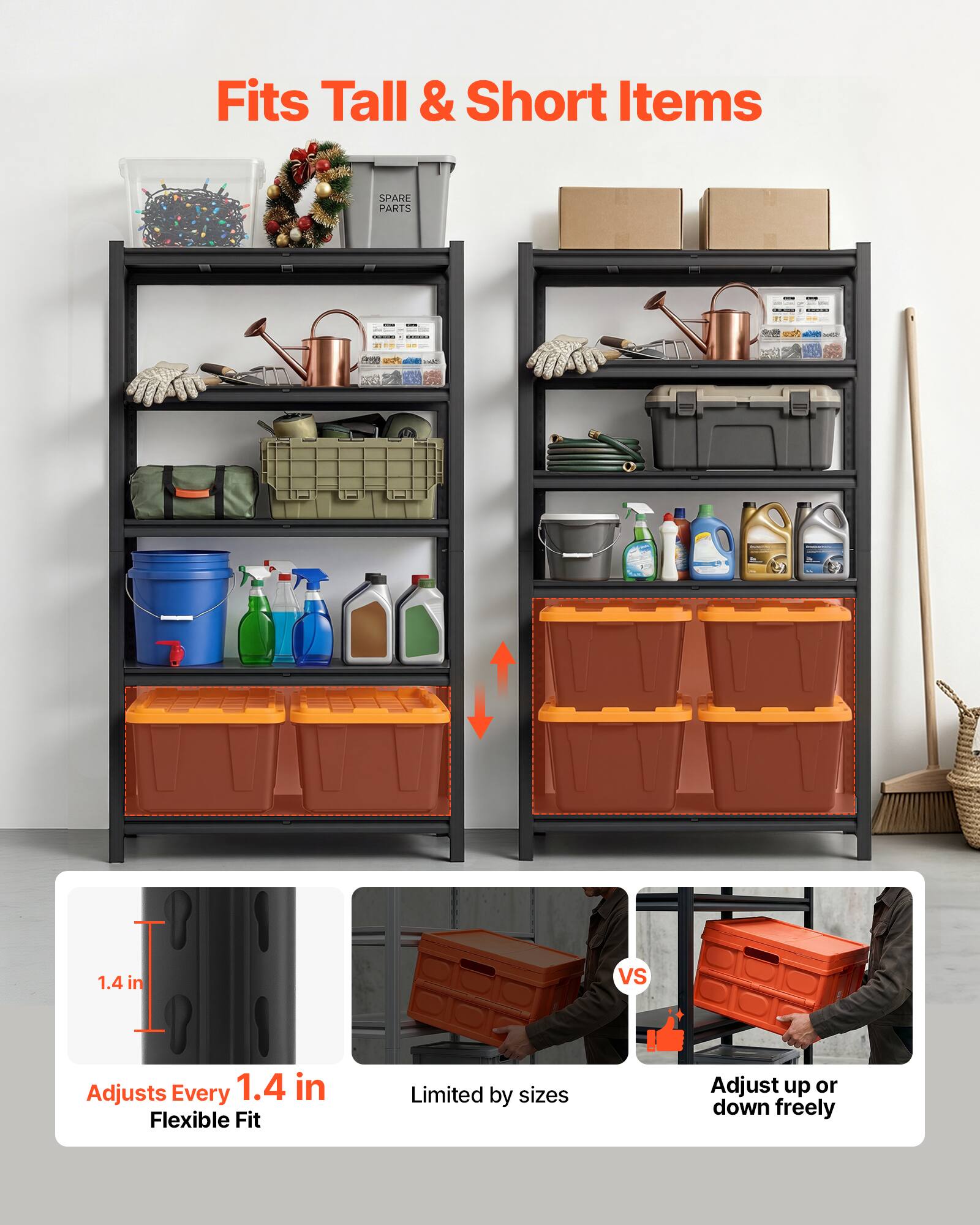 Fits Tall & Short Items

SPARE PARTS

Adjusts Every 1.4 in
Flexible Fit

Limited by sizes

Adjust up or down freely